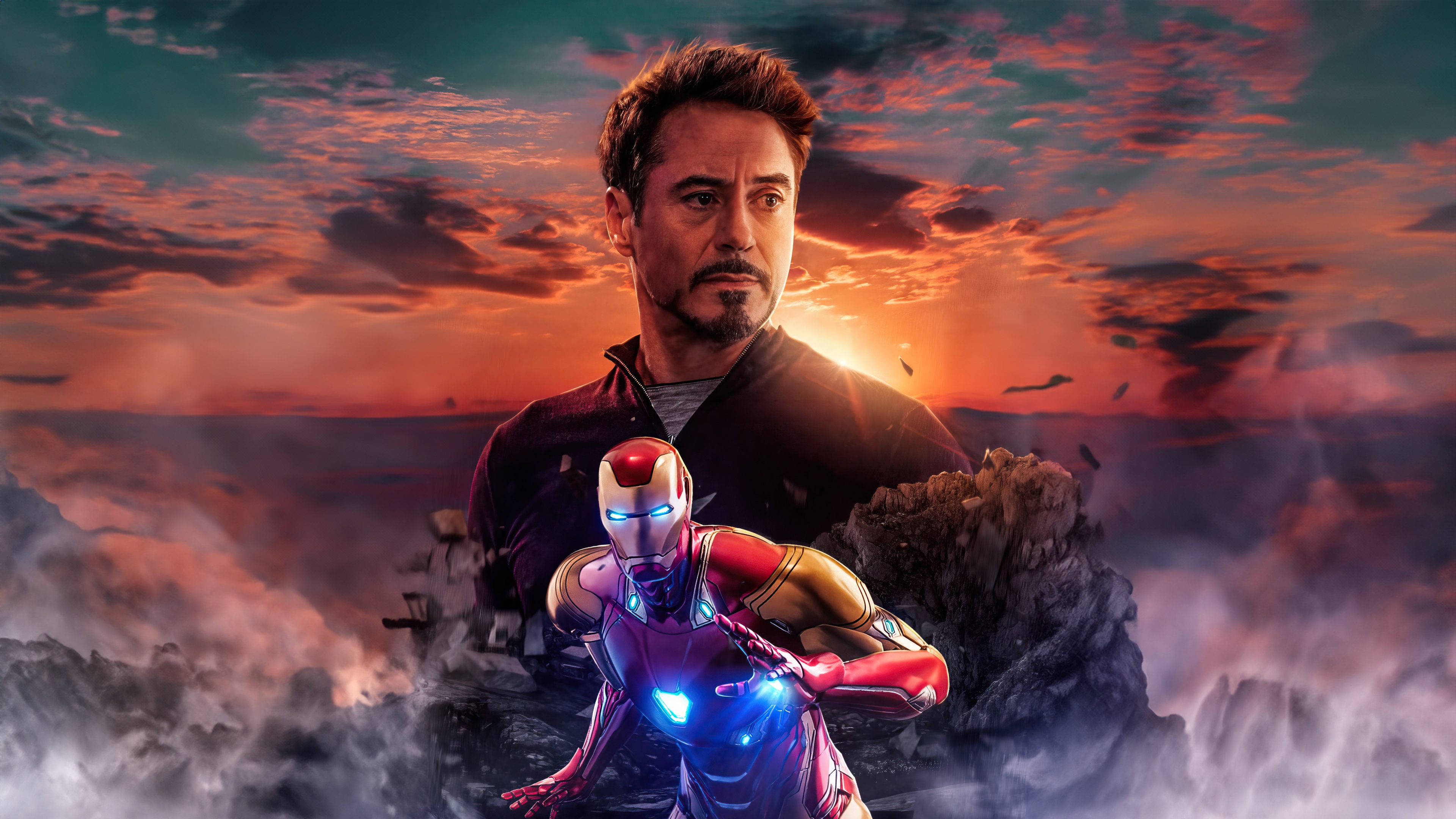 Iron Man in a Dramatic Sunset Landscape HD Wallpaper