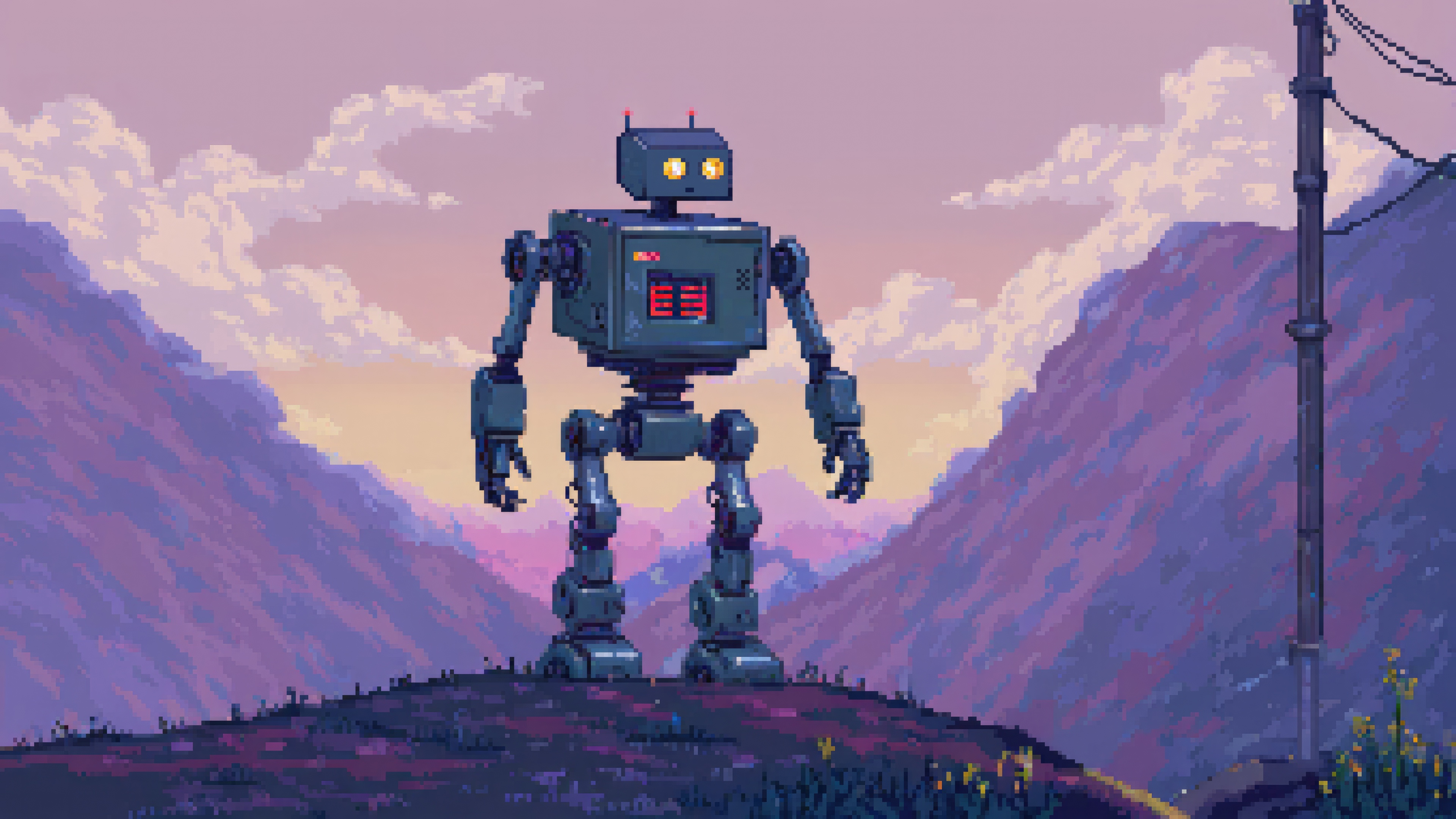 A robot stands on a hill at sunset HD Wallpaper