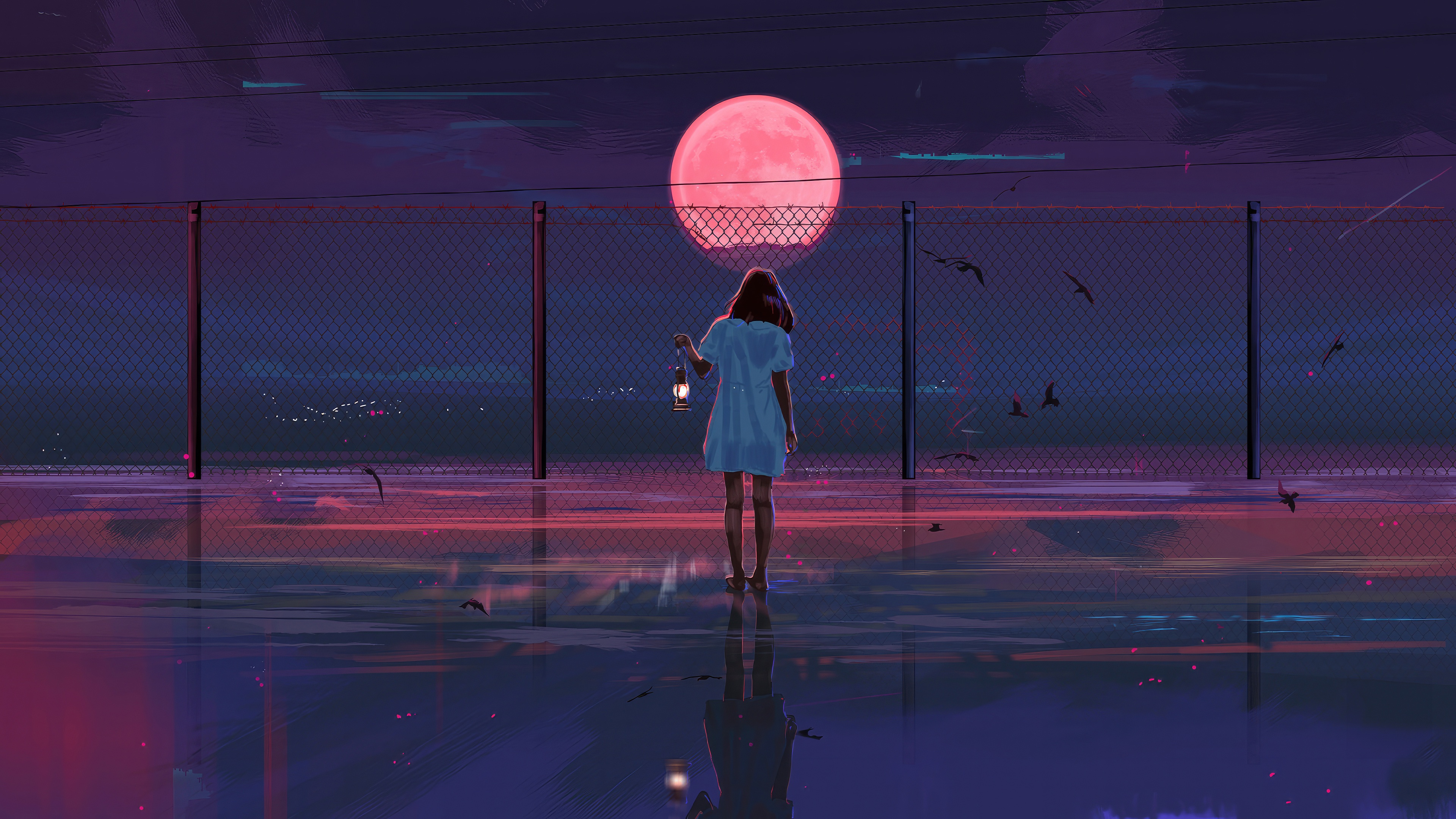 Girl with lantern under a large pink moon HD Wallpaper