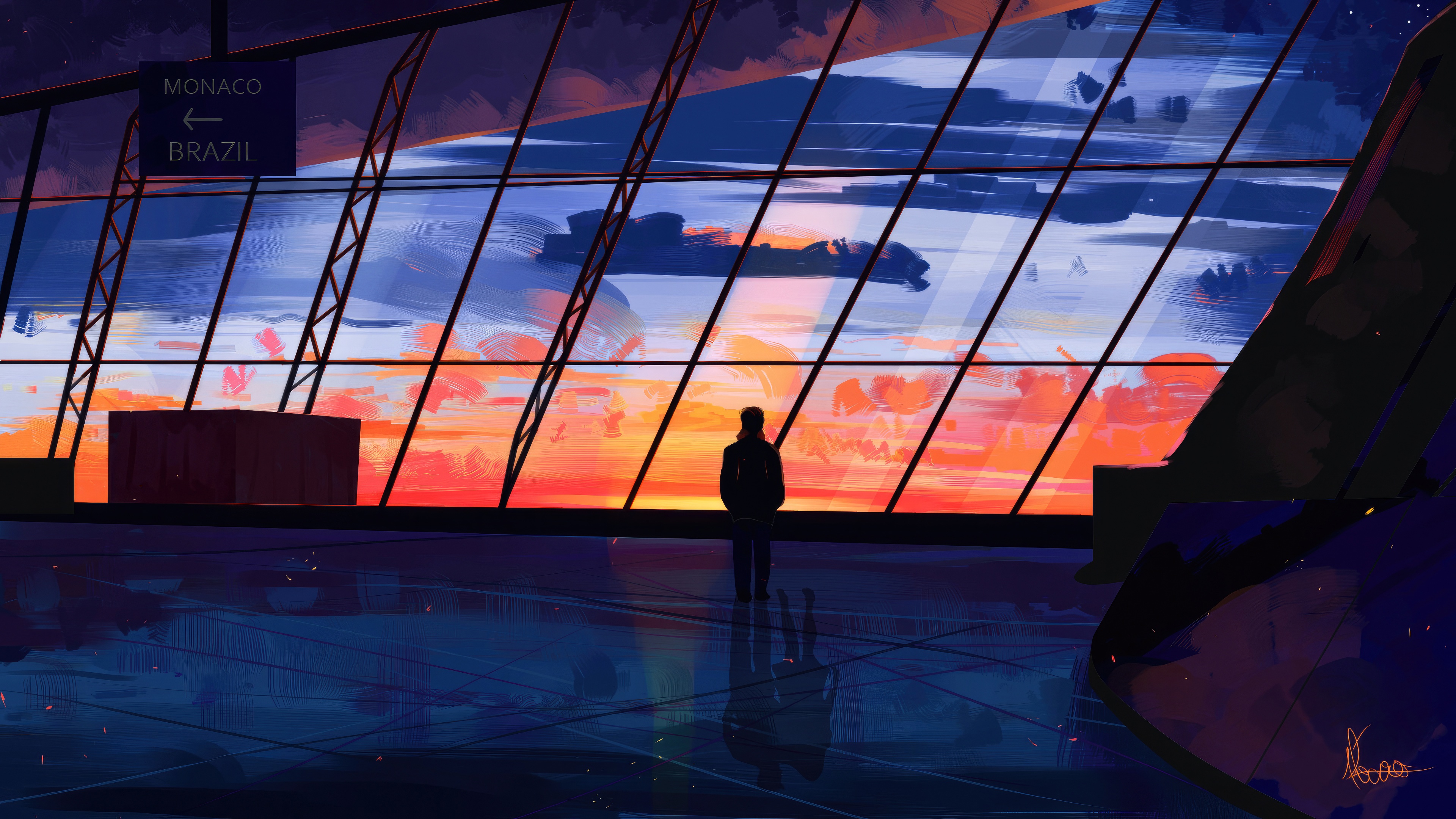 Silhouette looking out airport window at sunset HD Wallpaper