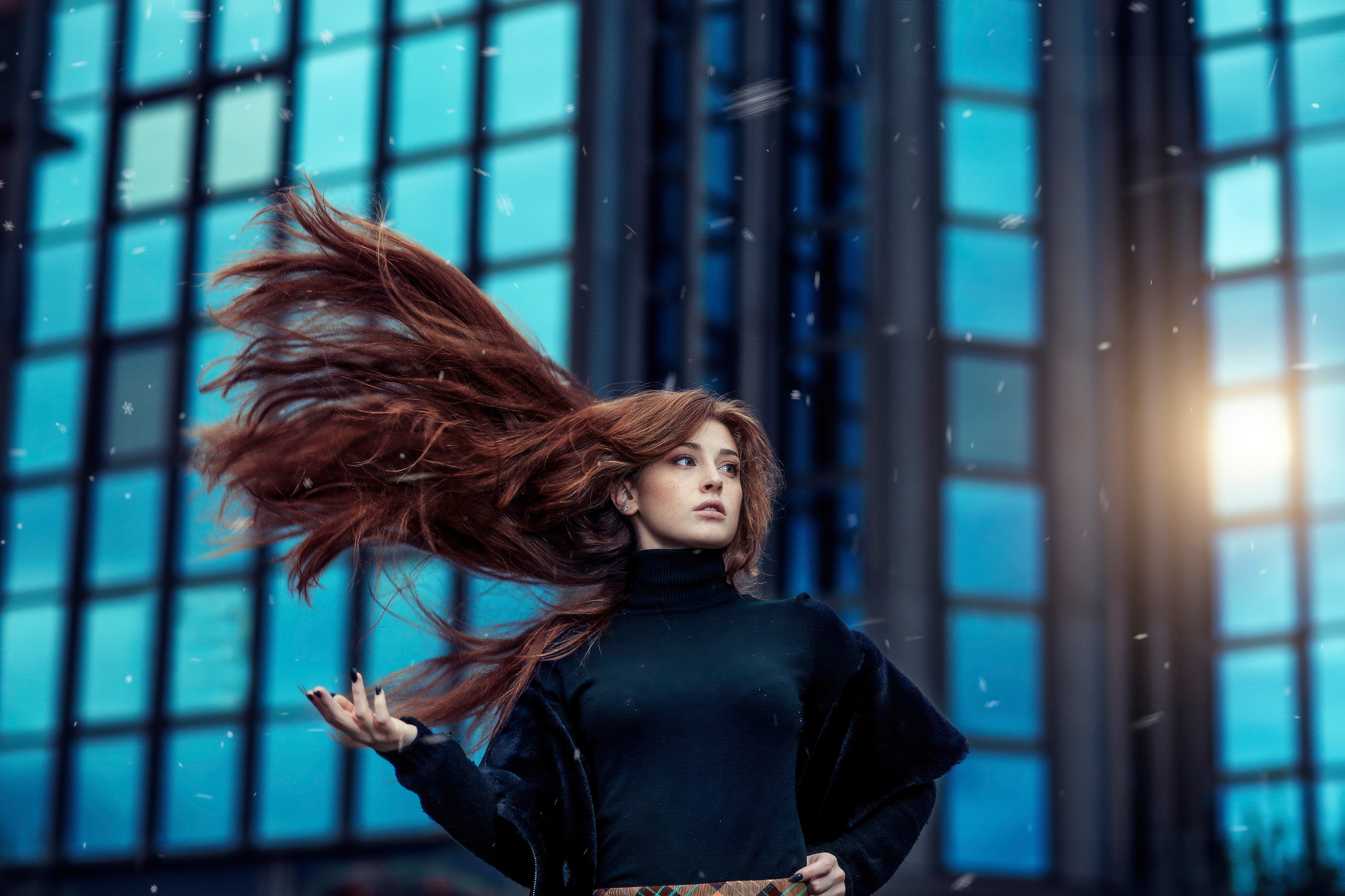 Woman with long red hair blowing in the wind HD Wallpaper