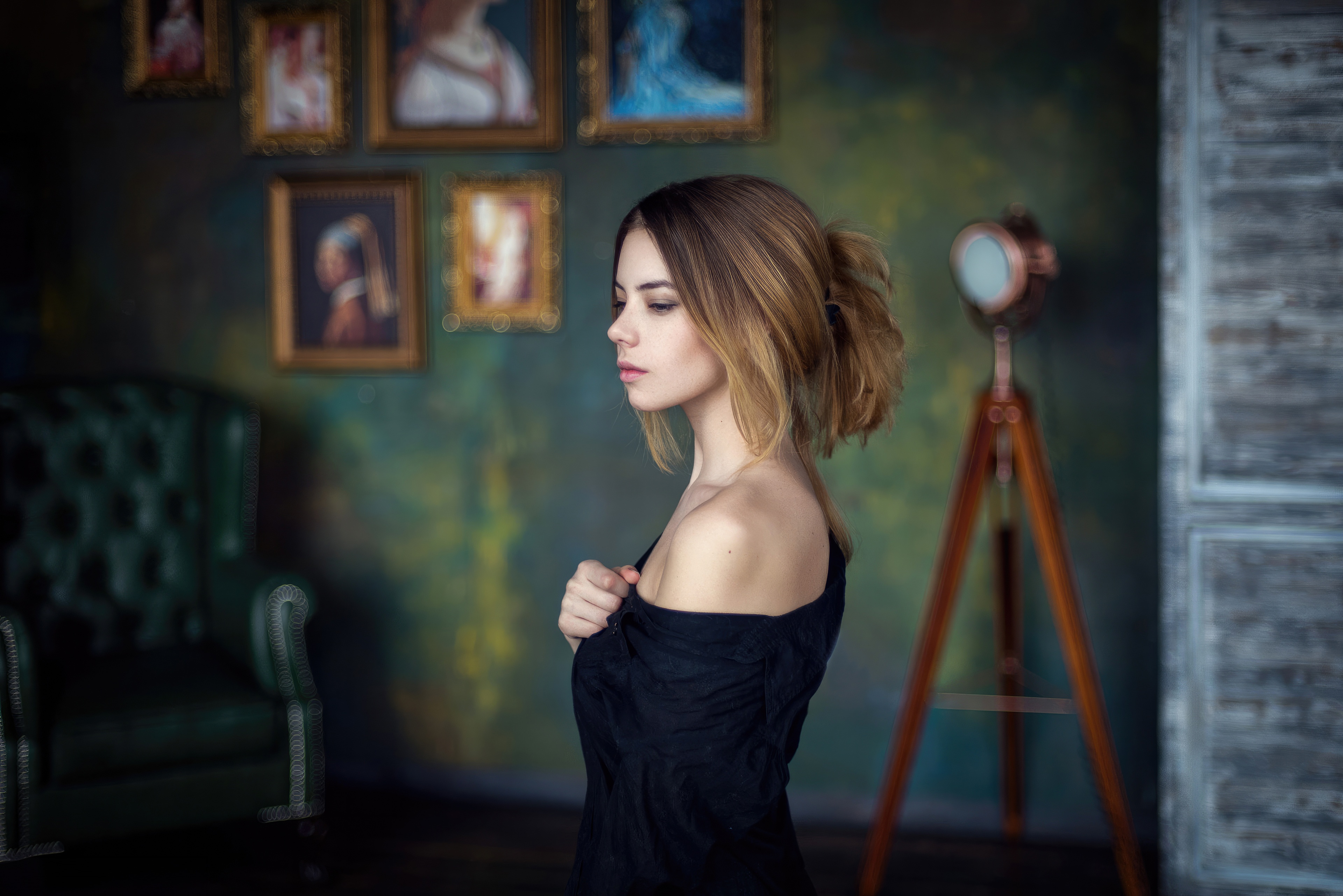 Girl in Black Clothing Indoors HD Wallpaper