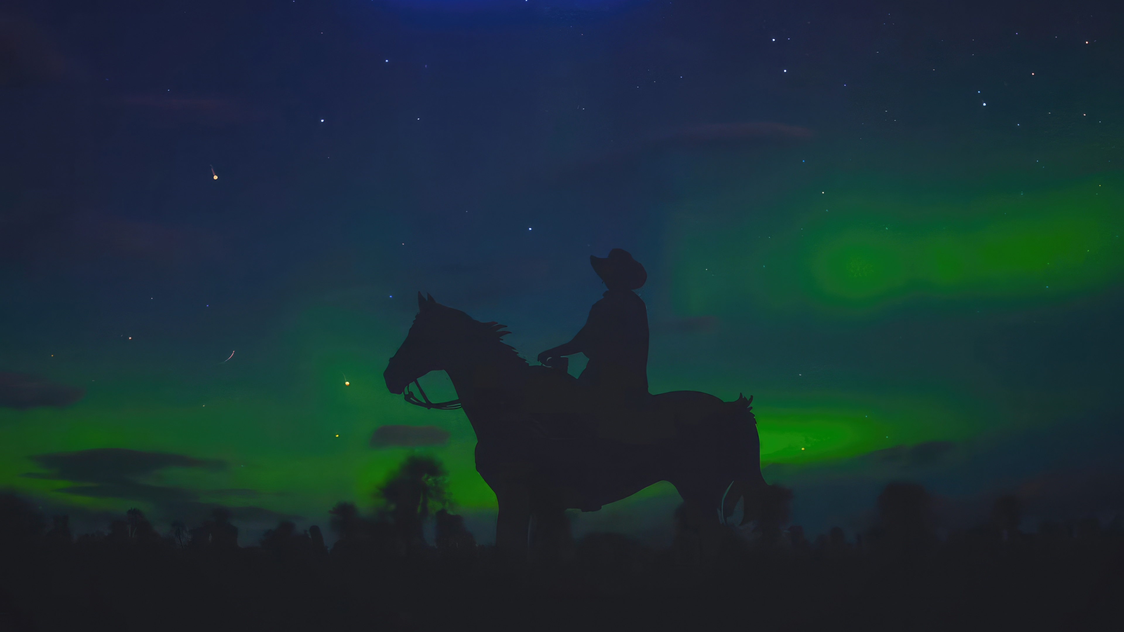 Cowboy on horseback under the aurora borealis HD Wallpaper