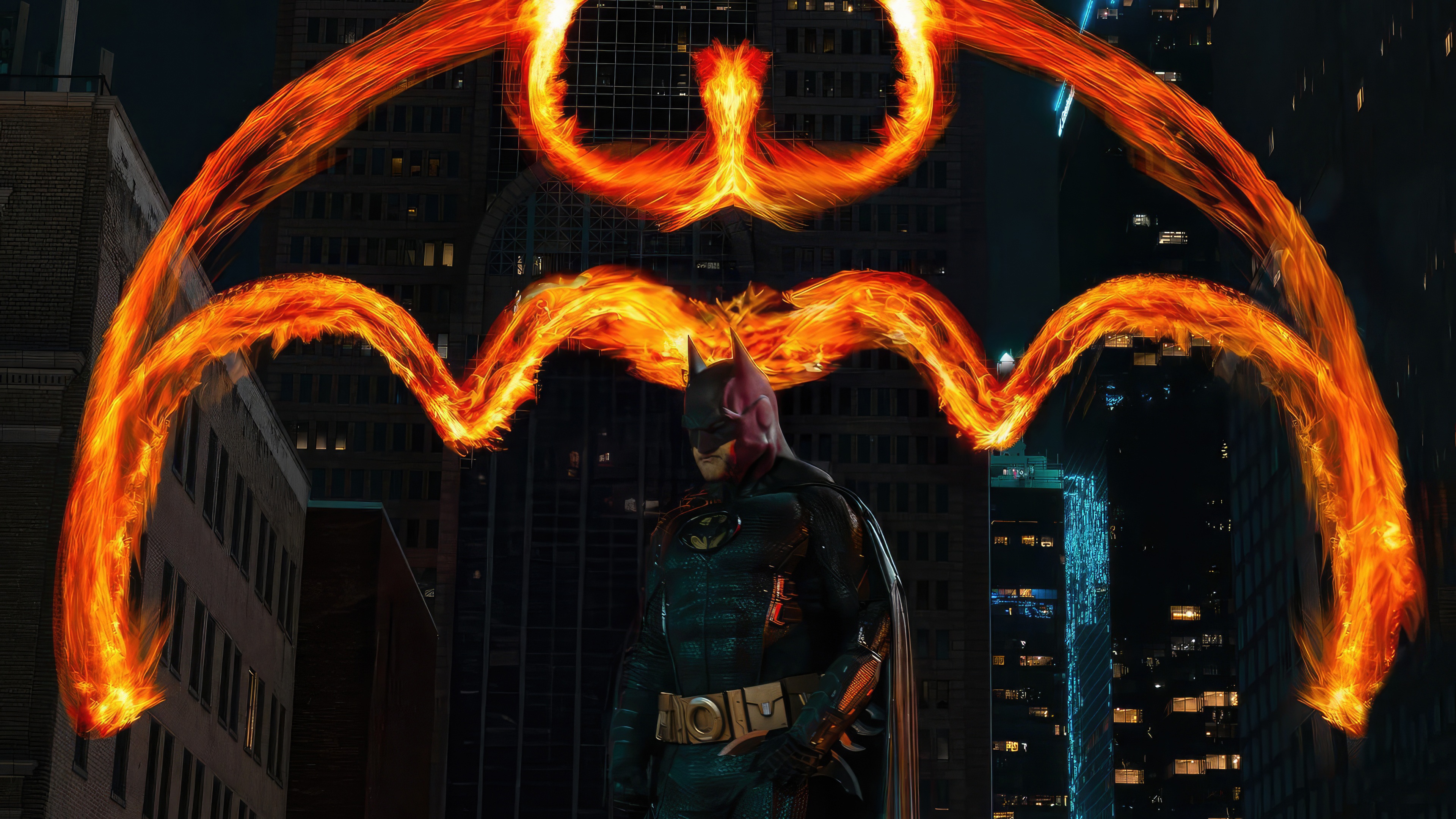 Batman with Fiery Bat Symbol in City HD Wallpaper