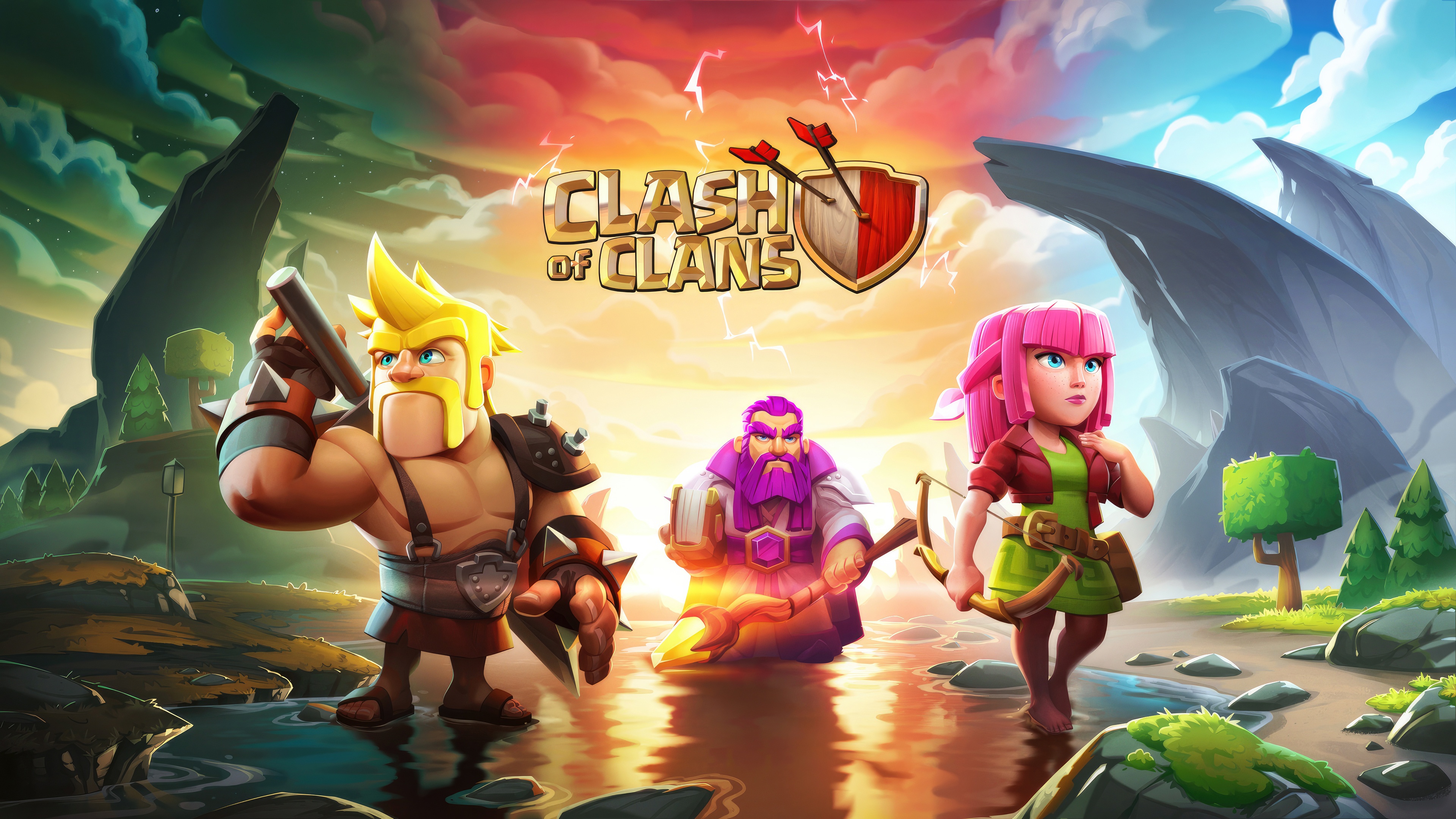 Clash of Clans characters with Clash of Clans logo HD Wallpaper
