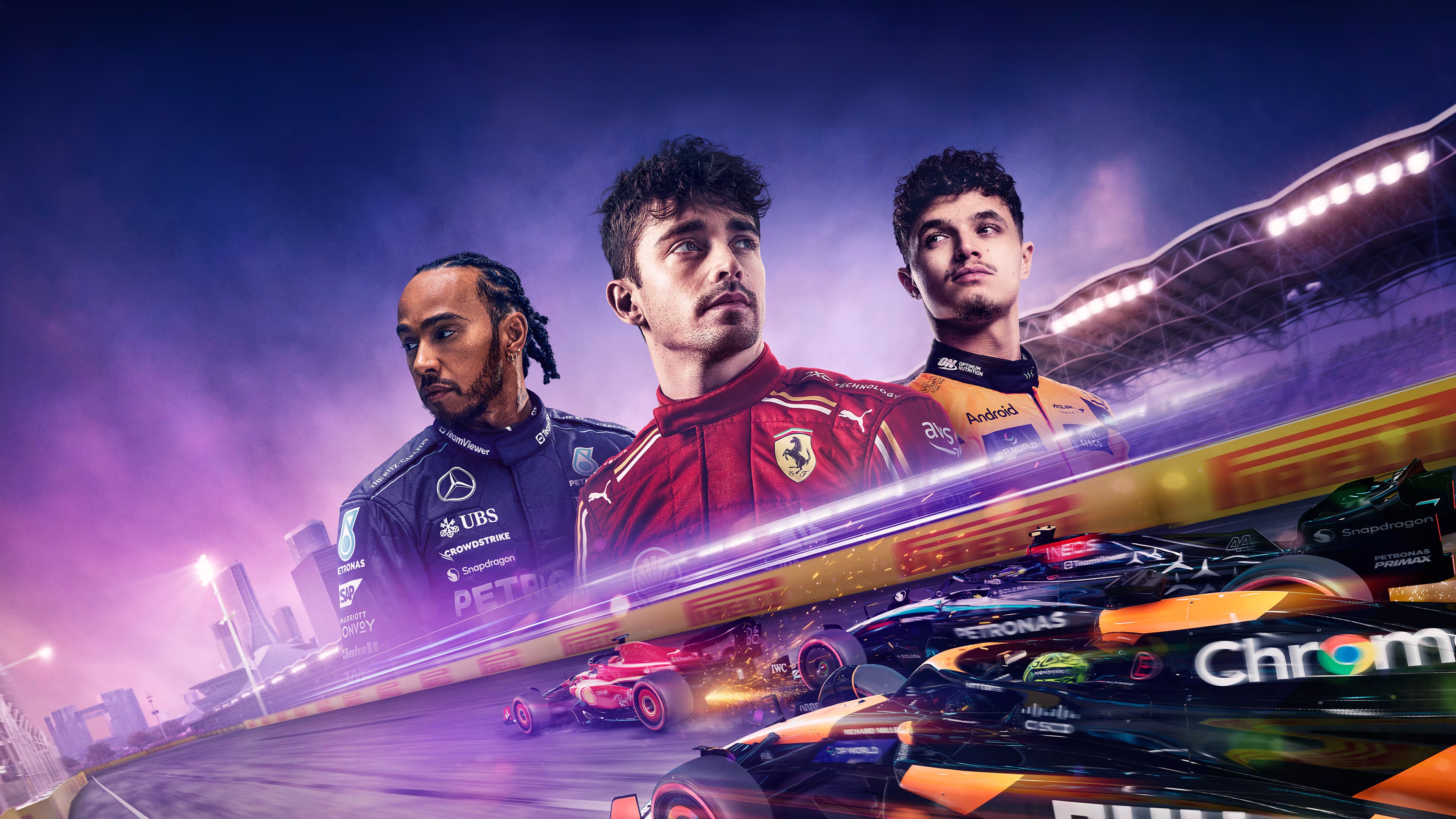 F1 24 Game Cover with Leclerc, Hamilton, and Norris HD Wallpaper