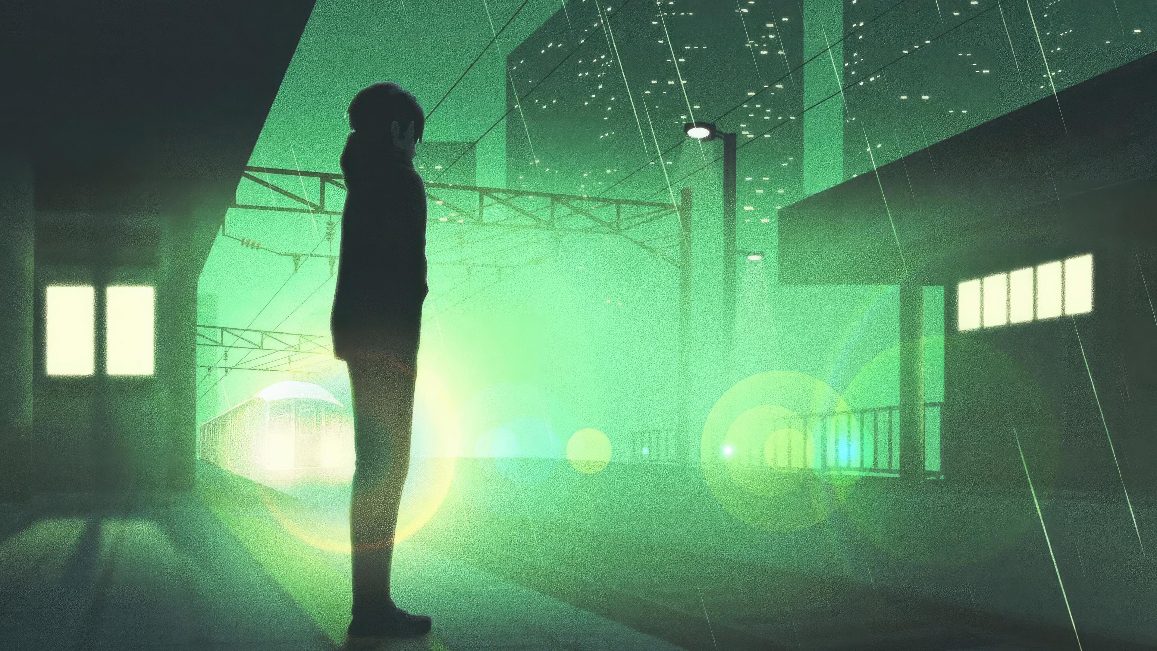 Person waiting at a rainy train station at night HD Wallpaper