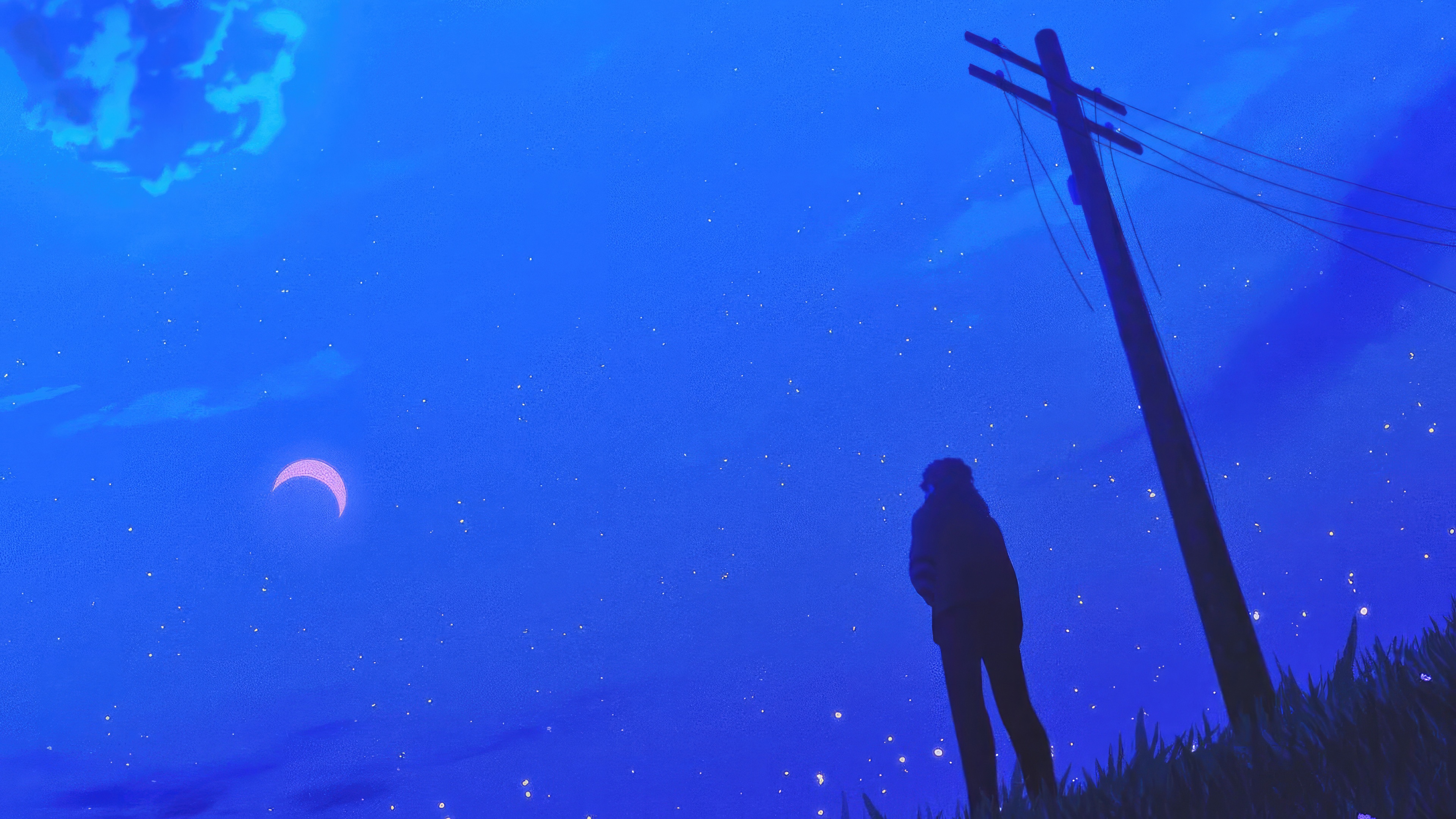 Person looking at the night sky with crescent moon HD Wallpaper