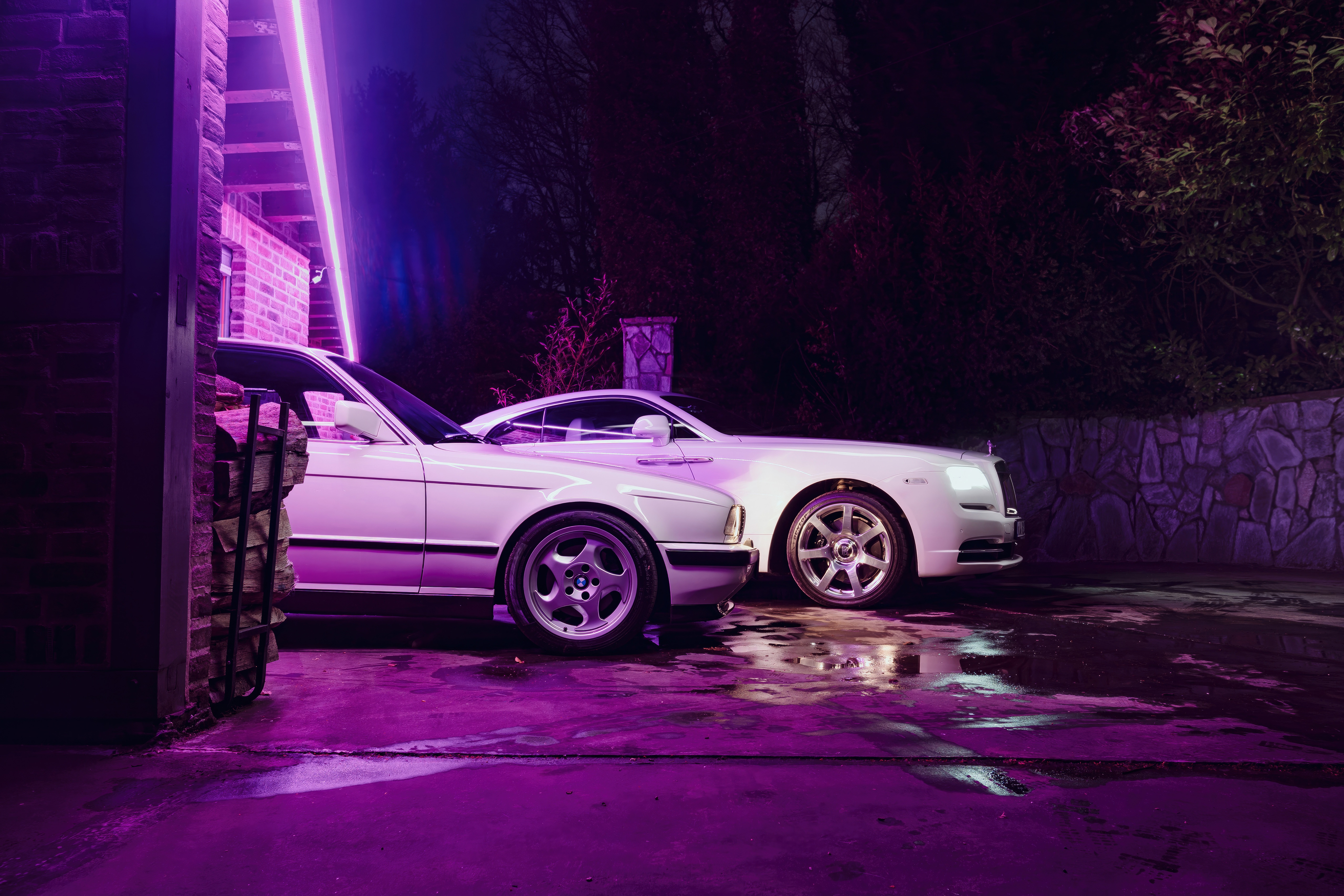 BMW M5 Classic and Rolls Royce with Neon Lights HD Wallpaper