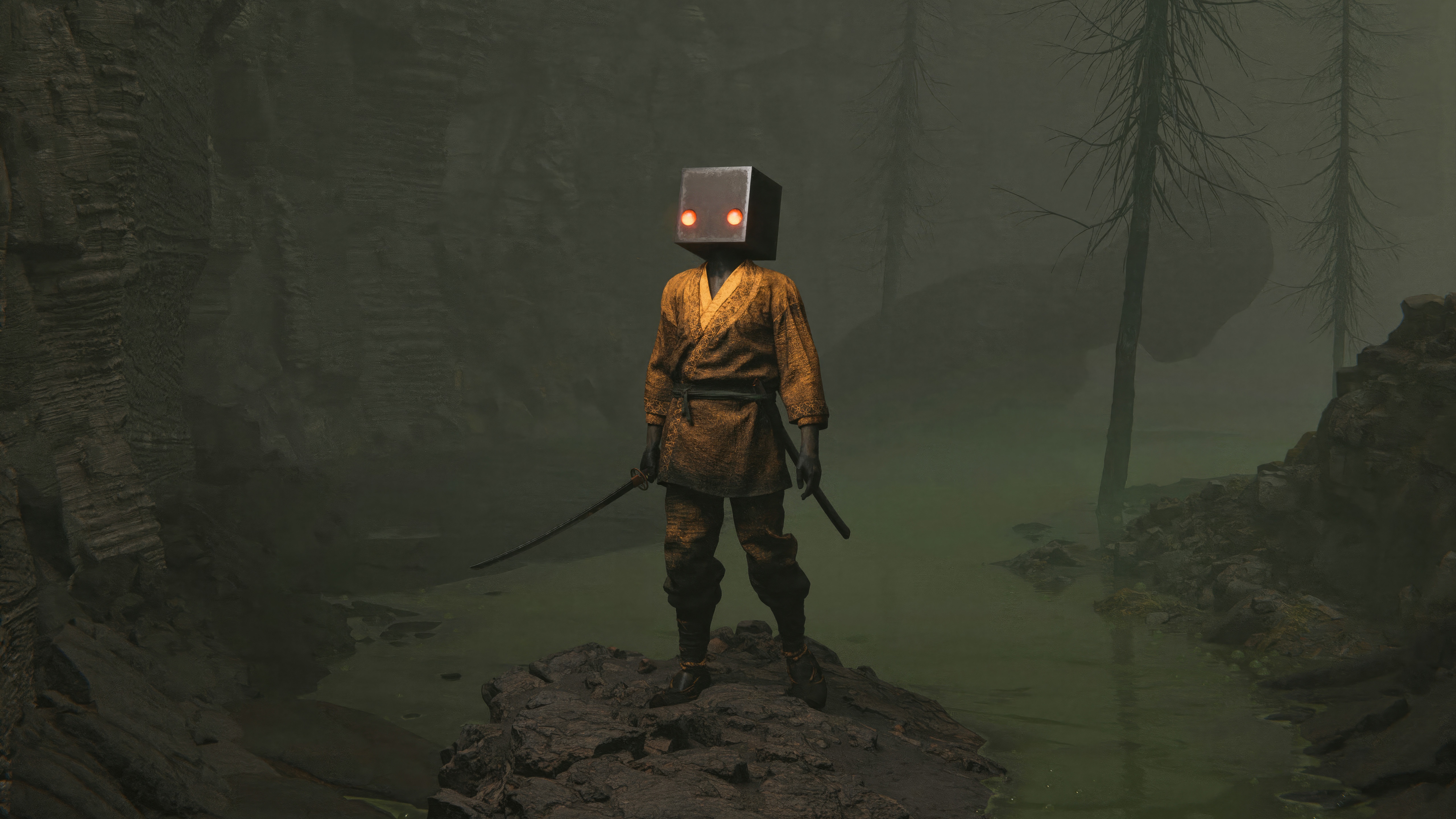 A figure with a cube head and glowing eyes stands in a swamp. HD Wallpaper