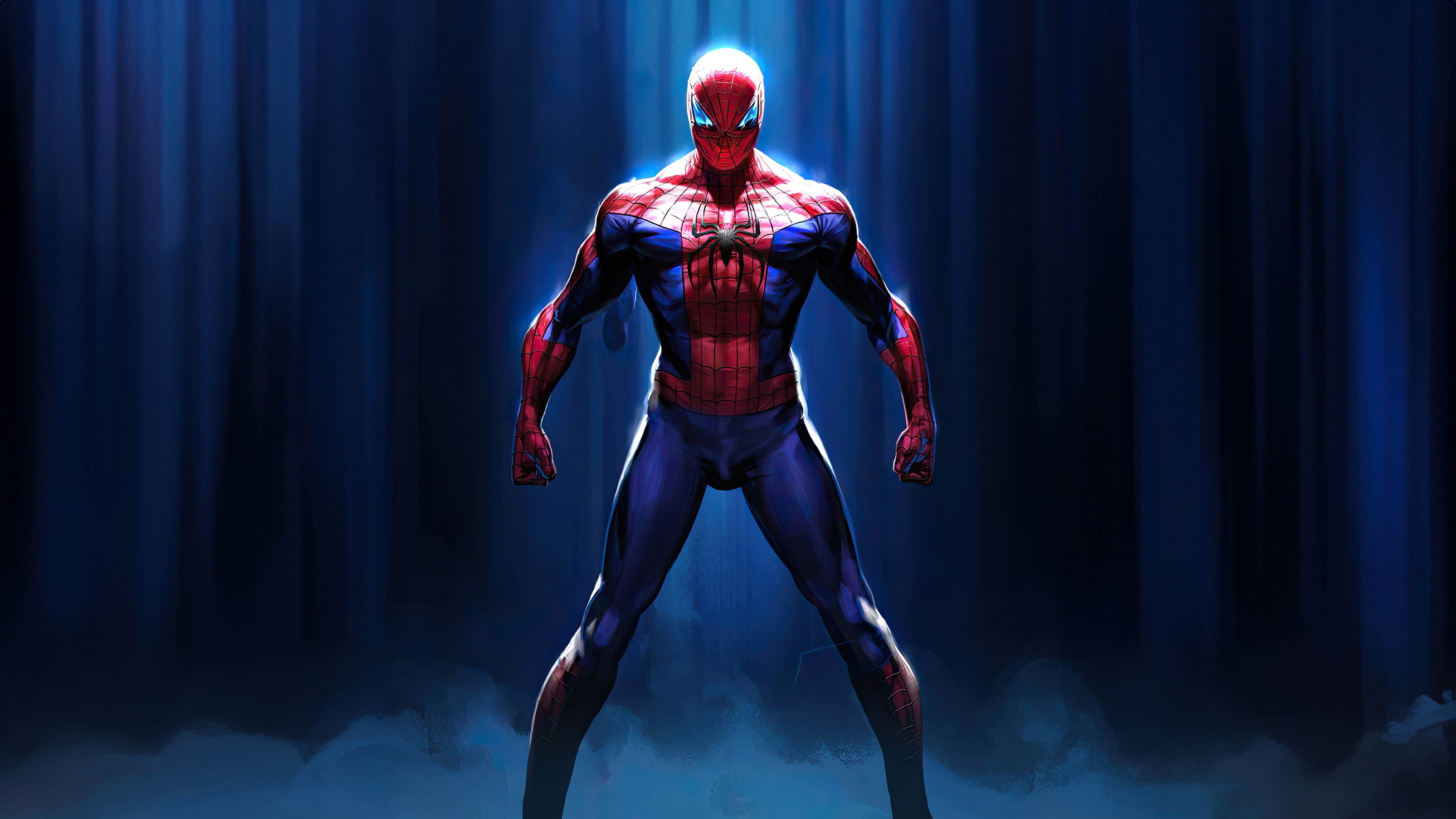 Spiderman standing heroically in blue light HD Wallpaper