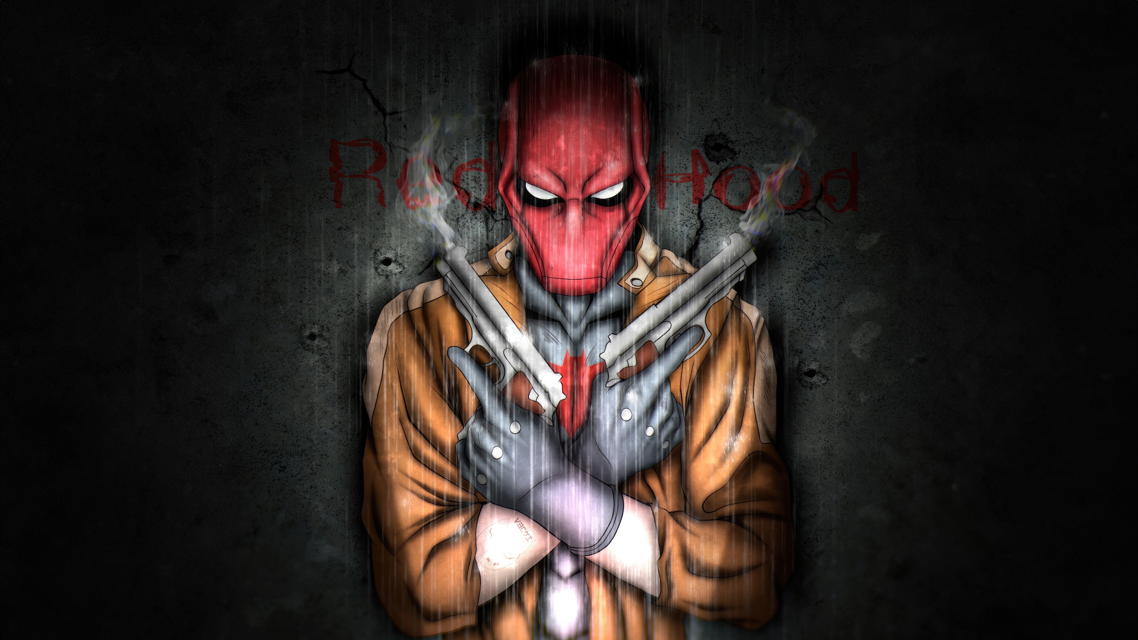 Red Hood holding two guns in front of a concrete wall HD Wallpaper