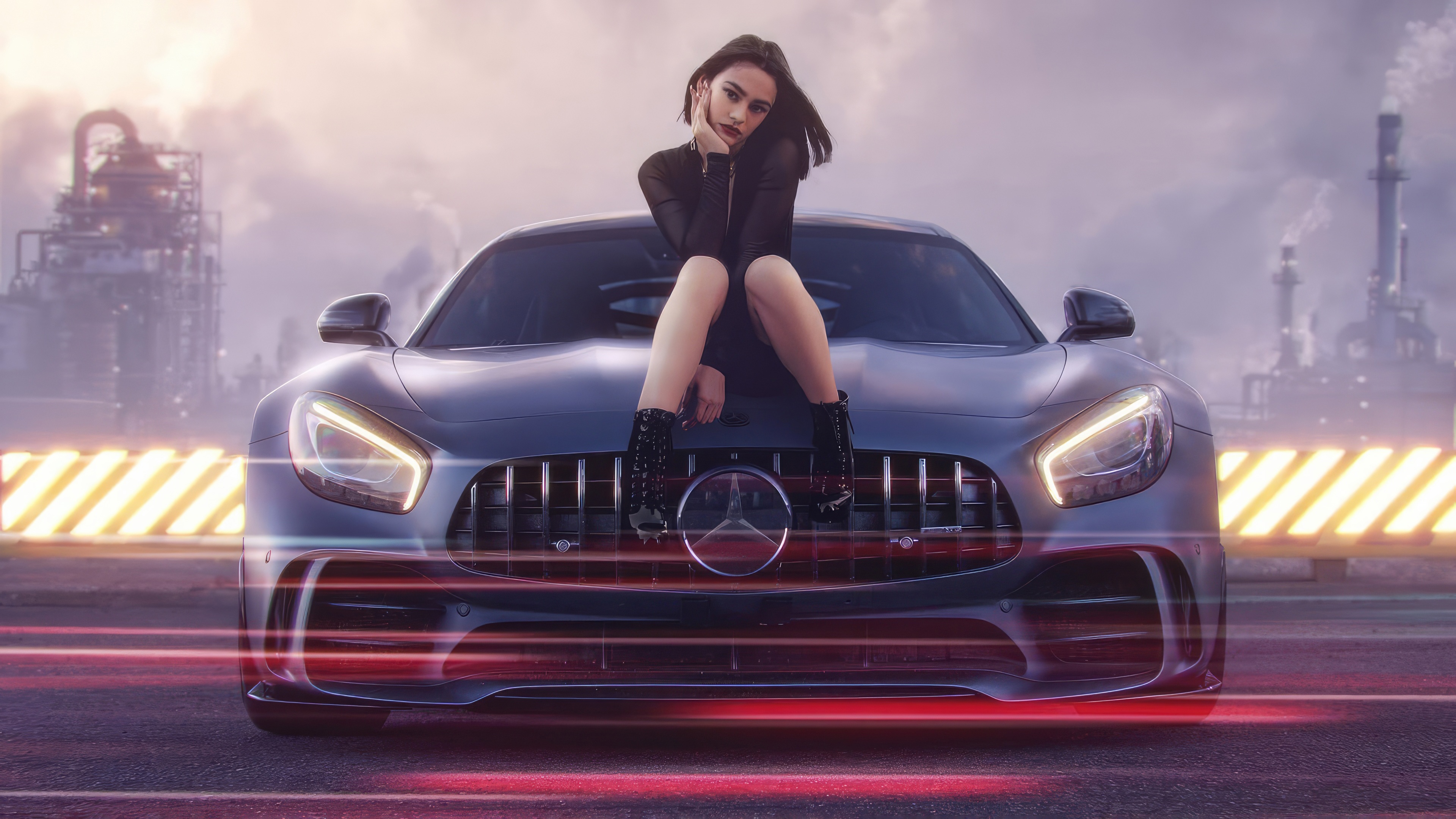 Girl sitting on a Mercedes car with industrial background HD Wallpaper
