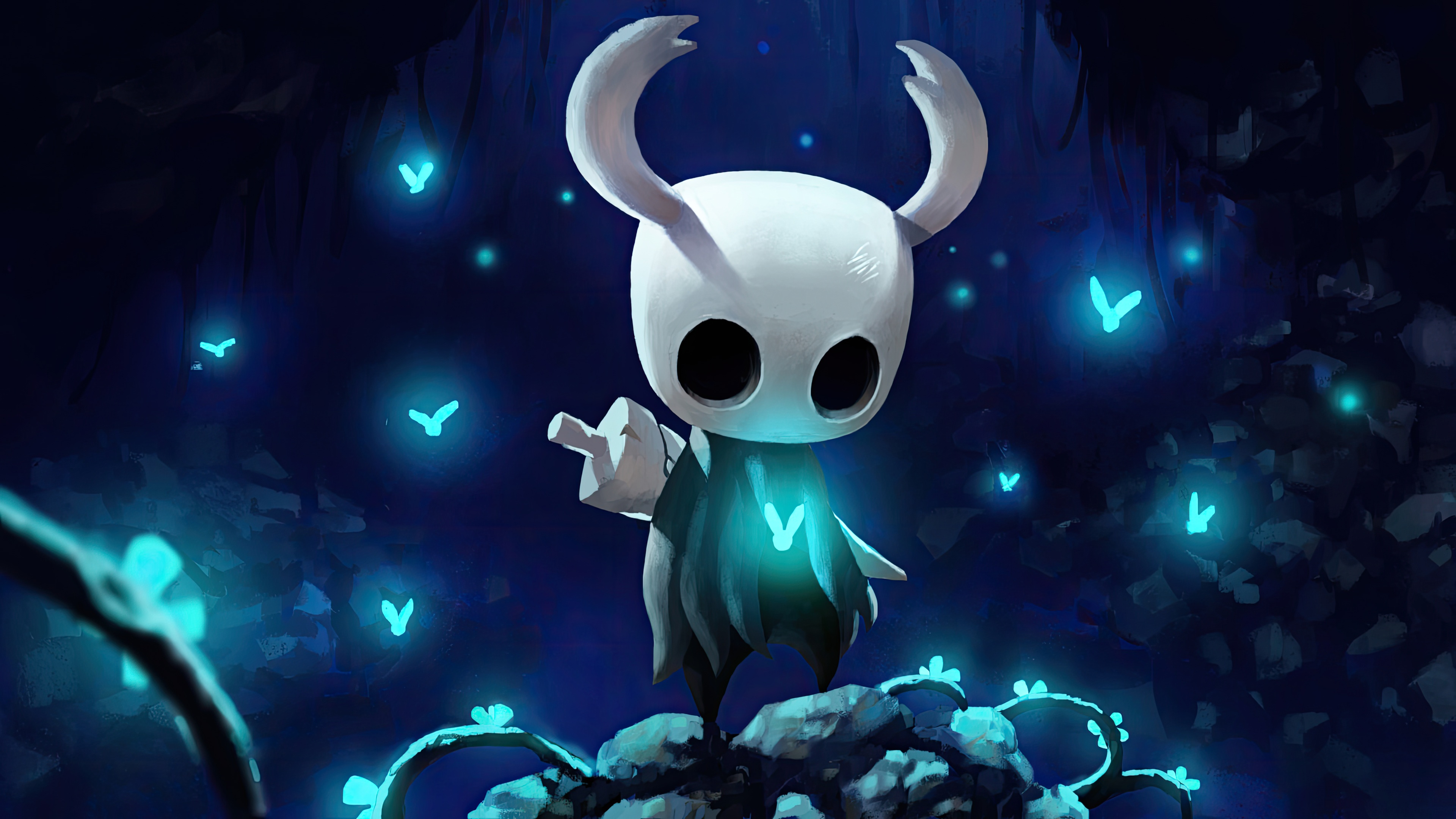Hollow Knight character with glowing blue butterflies HD Wallpaper