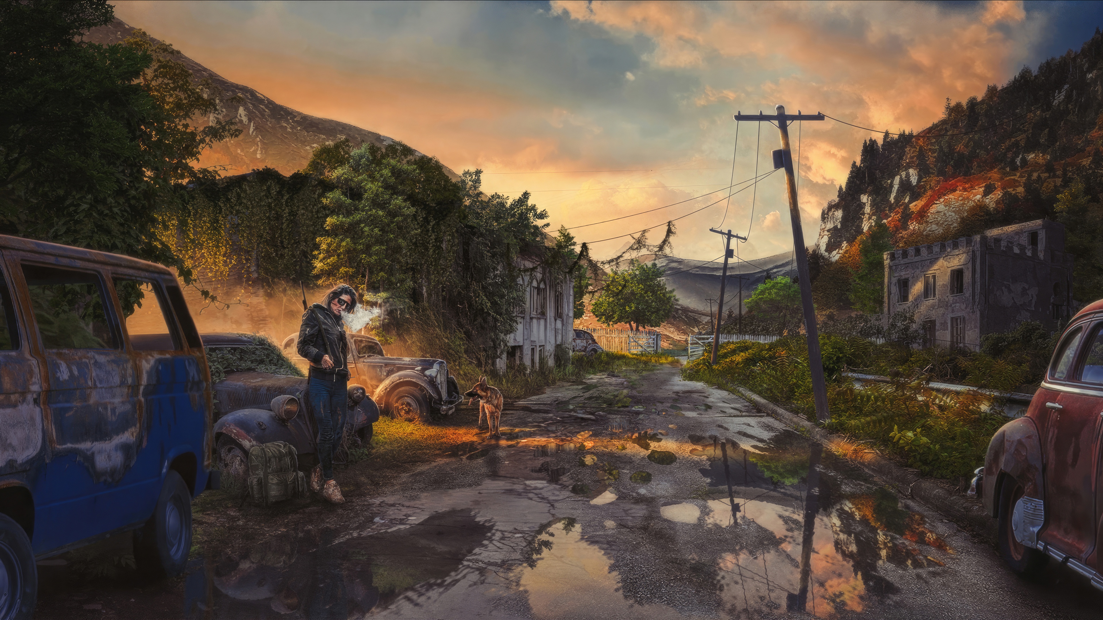 Apocalypse survivor takes a smoke break with dog HD Wallpaper
