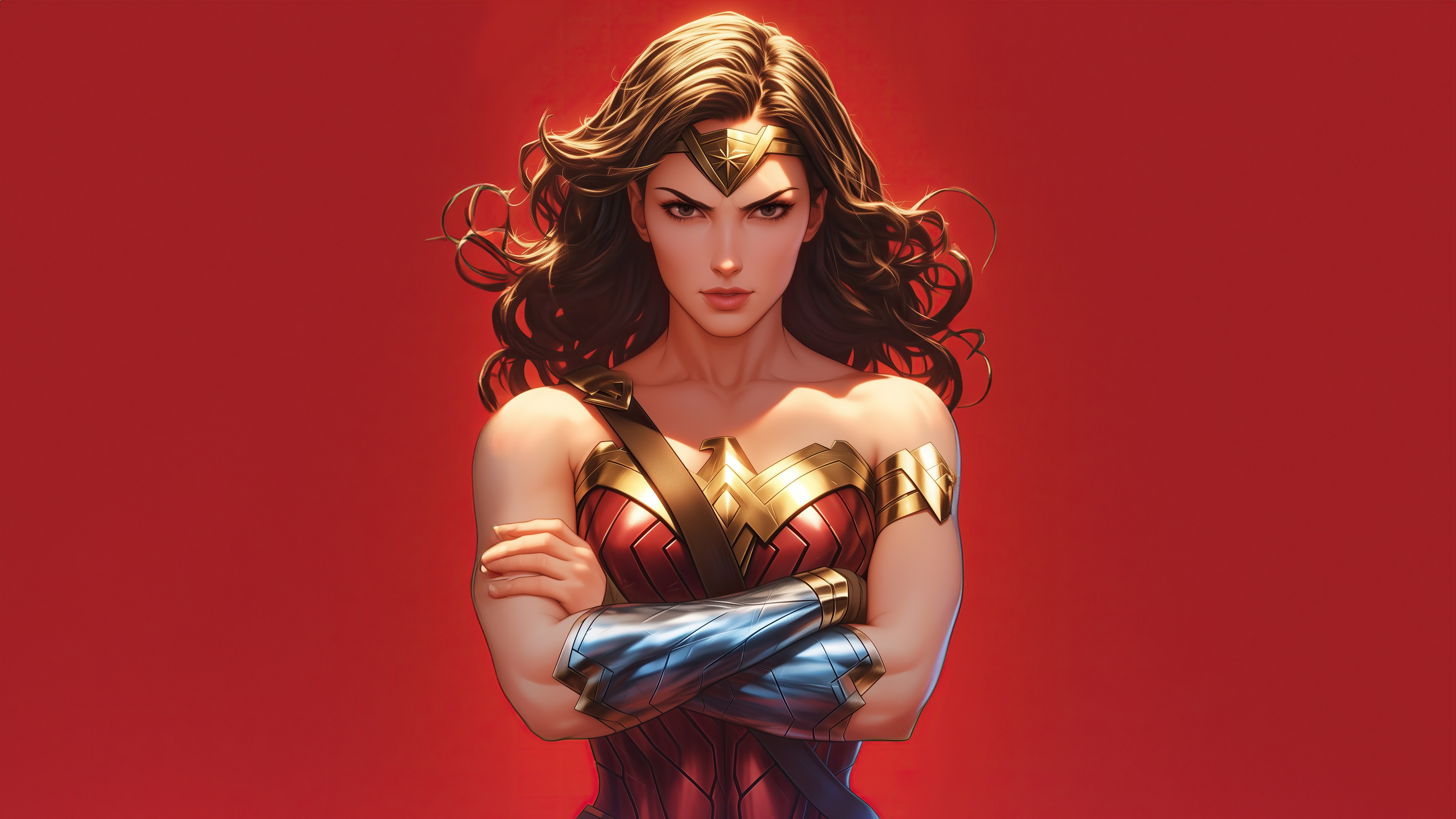 Wonder Woman with arms crossed on red background HD Wallpaper