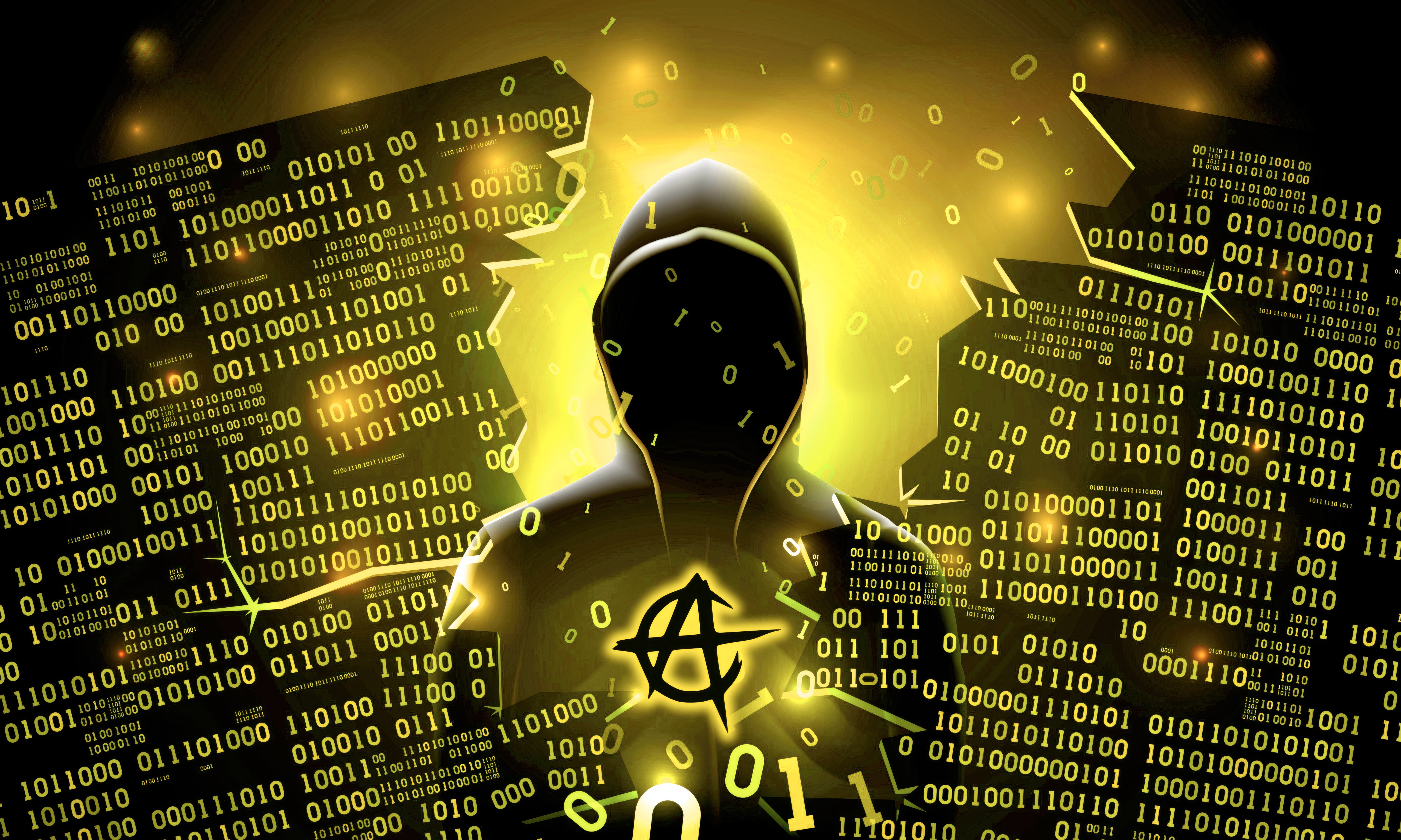 Anonymous hacker with anarchy symbol and binary code HD Wallpaper