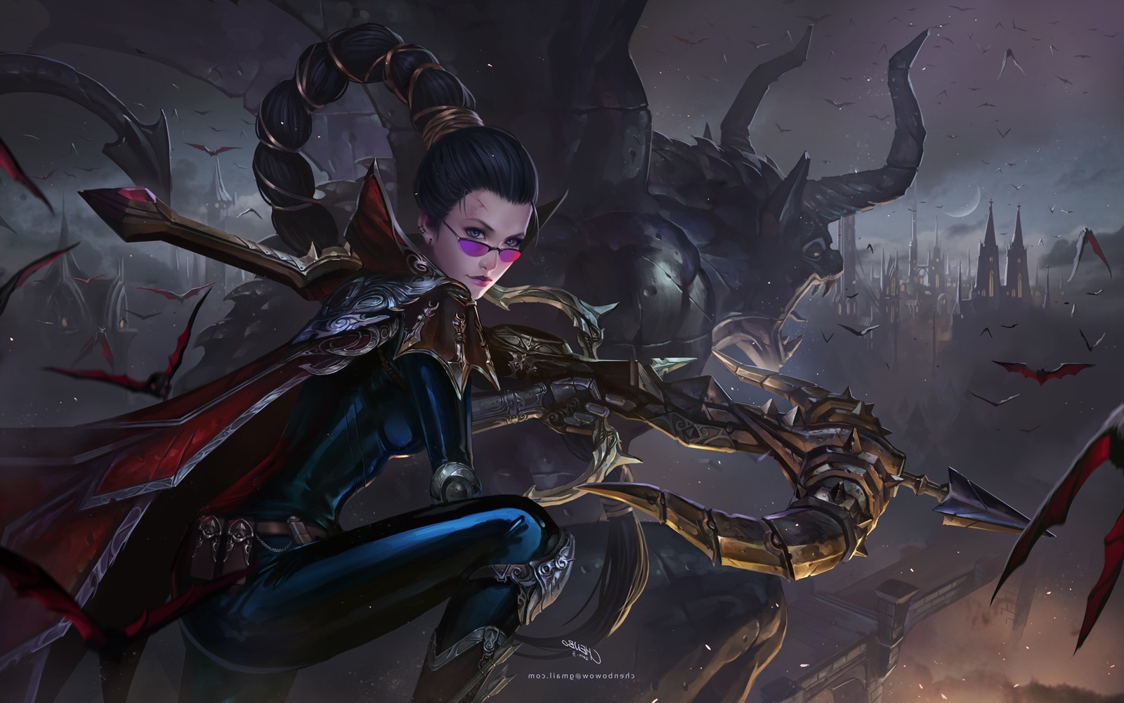 Vayne from League of Legends with a monster and bats HD Wallpaper