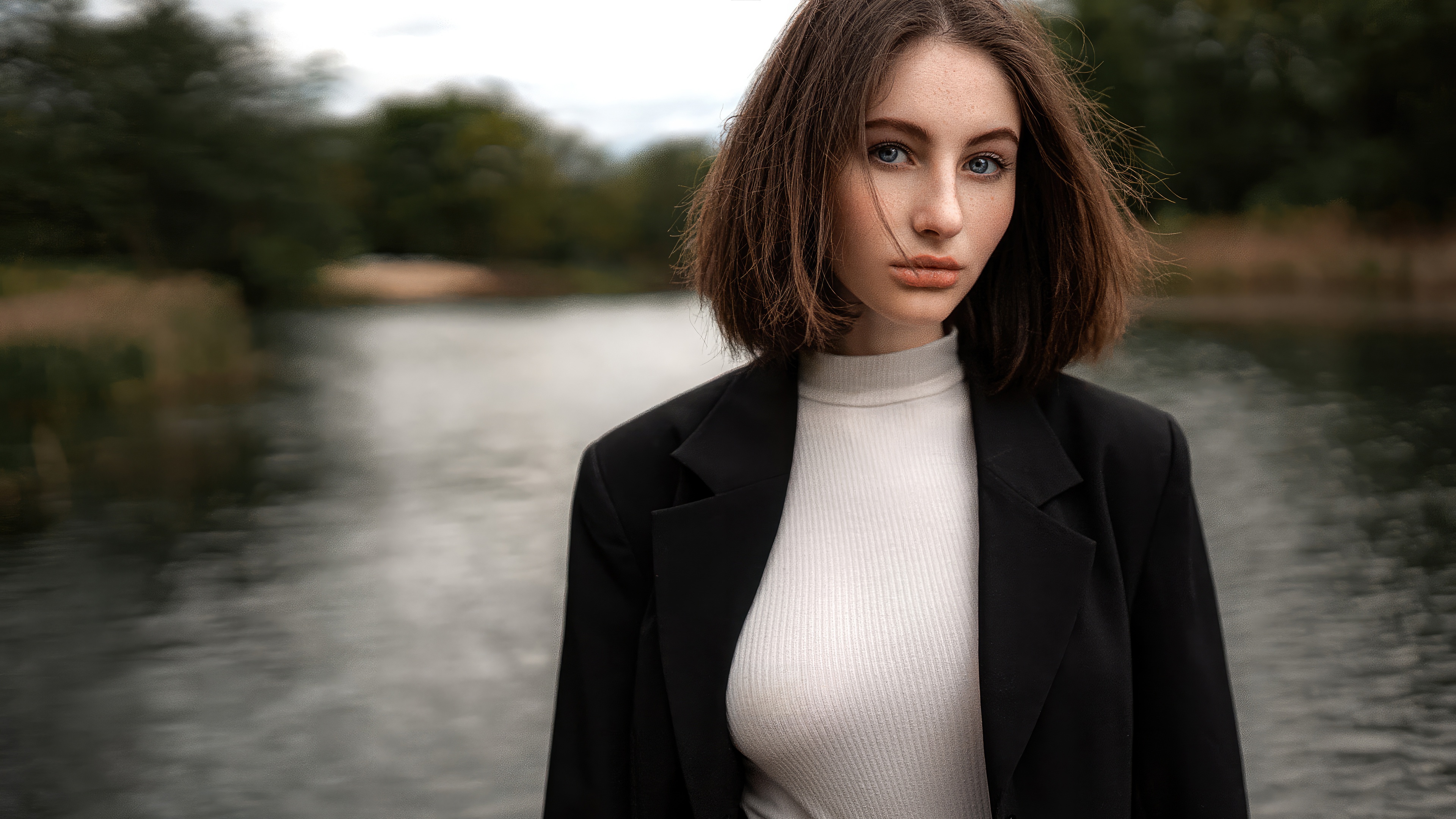 Girl in Black Blazer by the Lake HD Wallpaper