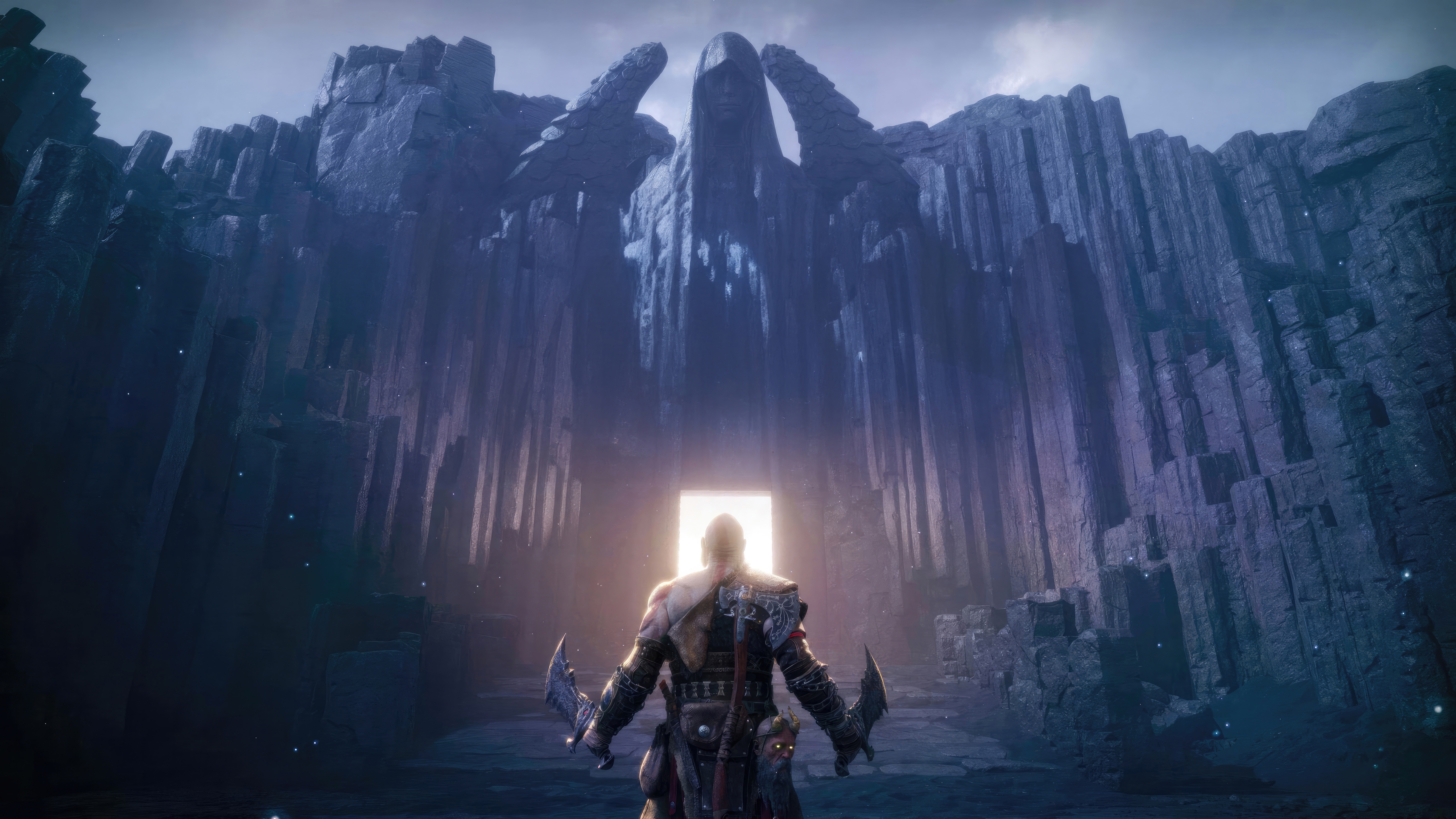 Kratos in front of a glowing doorway in a rocky landscape HD Wallpaper