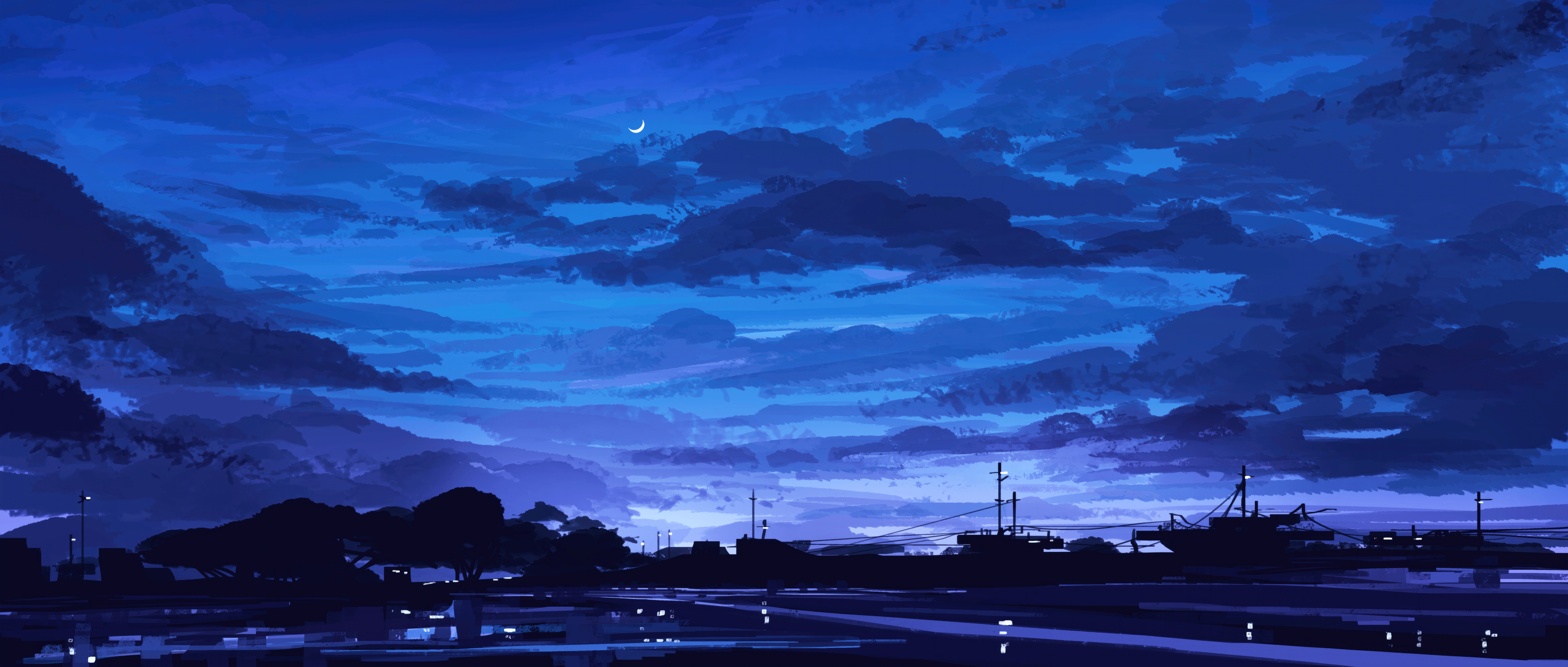 Evening clouds and a crescent moon over a harbor HD Wallpaper