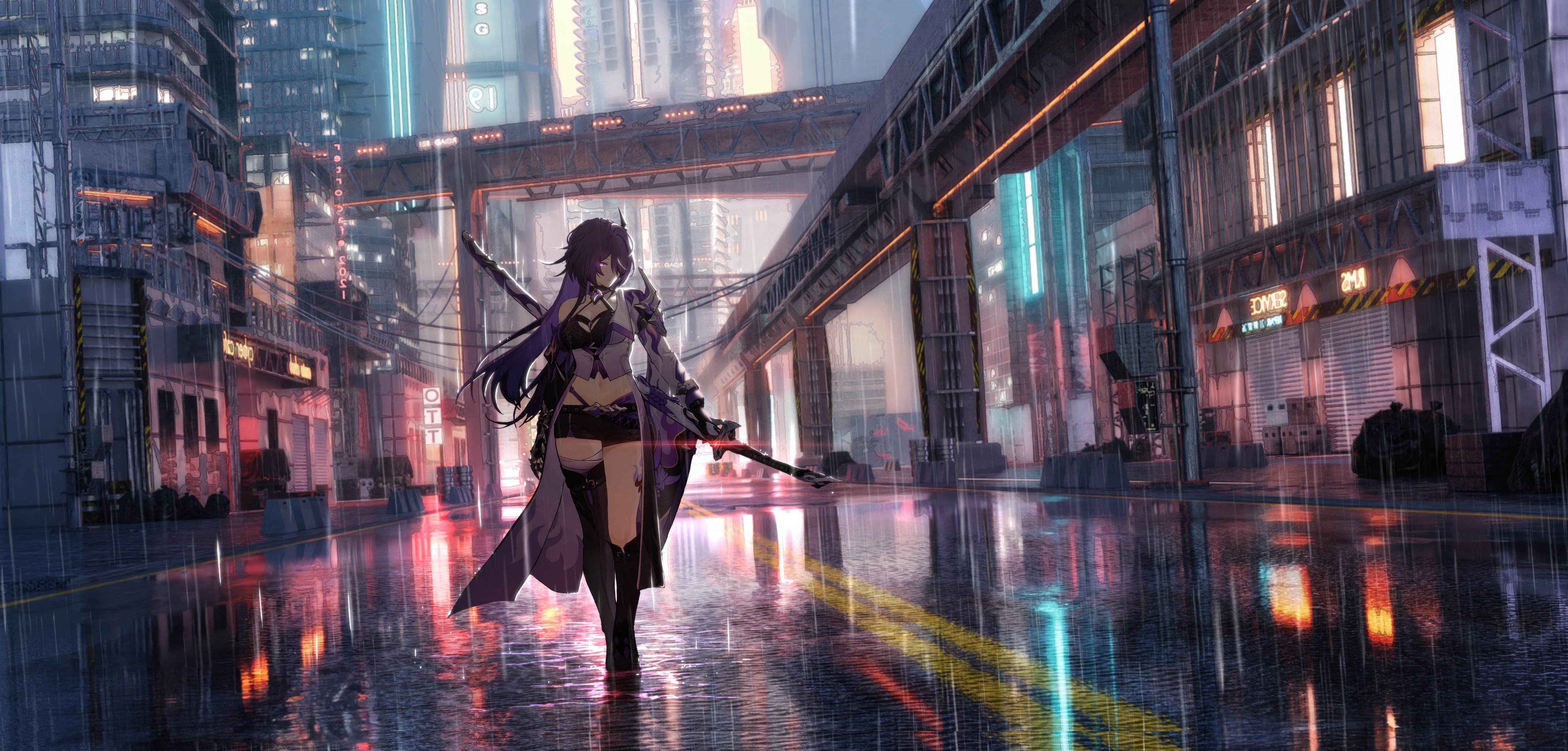 Acheron from Honkai Star Rail in a rainy city HD Wallpaper