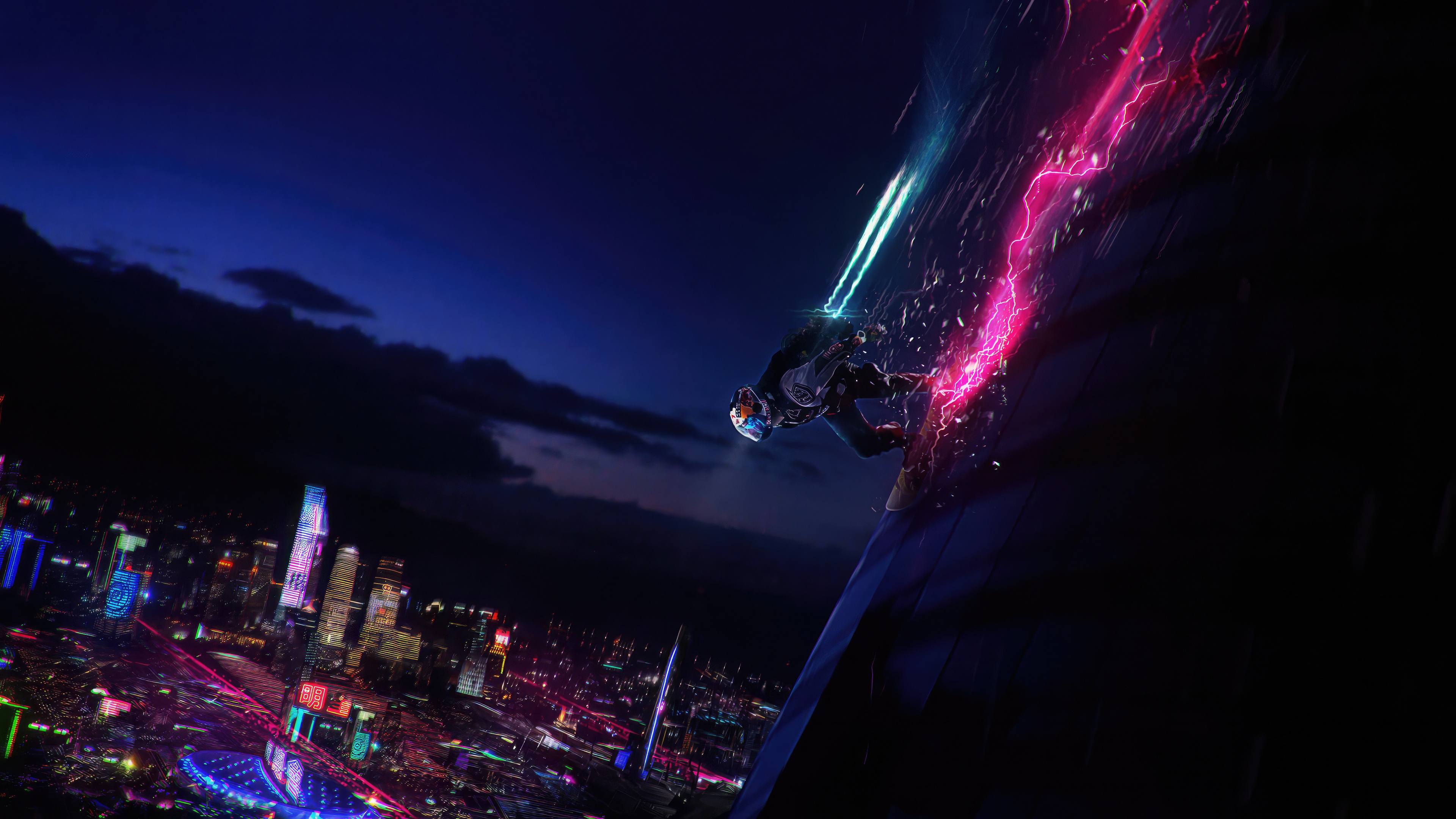 Cyber Sports character with neon swords on a skyscraper HD Wallpaper