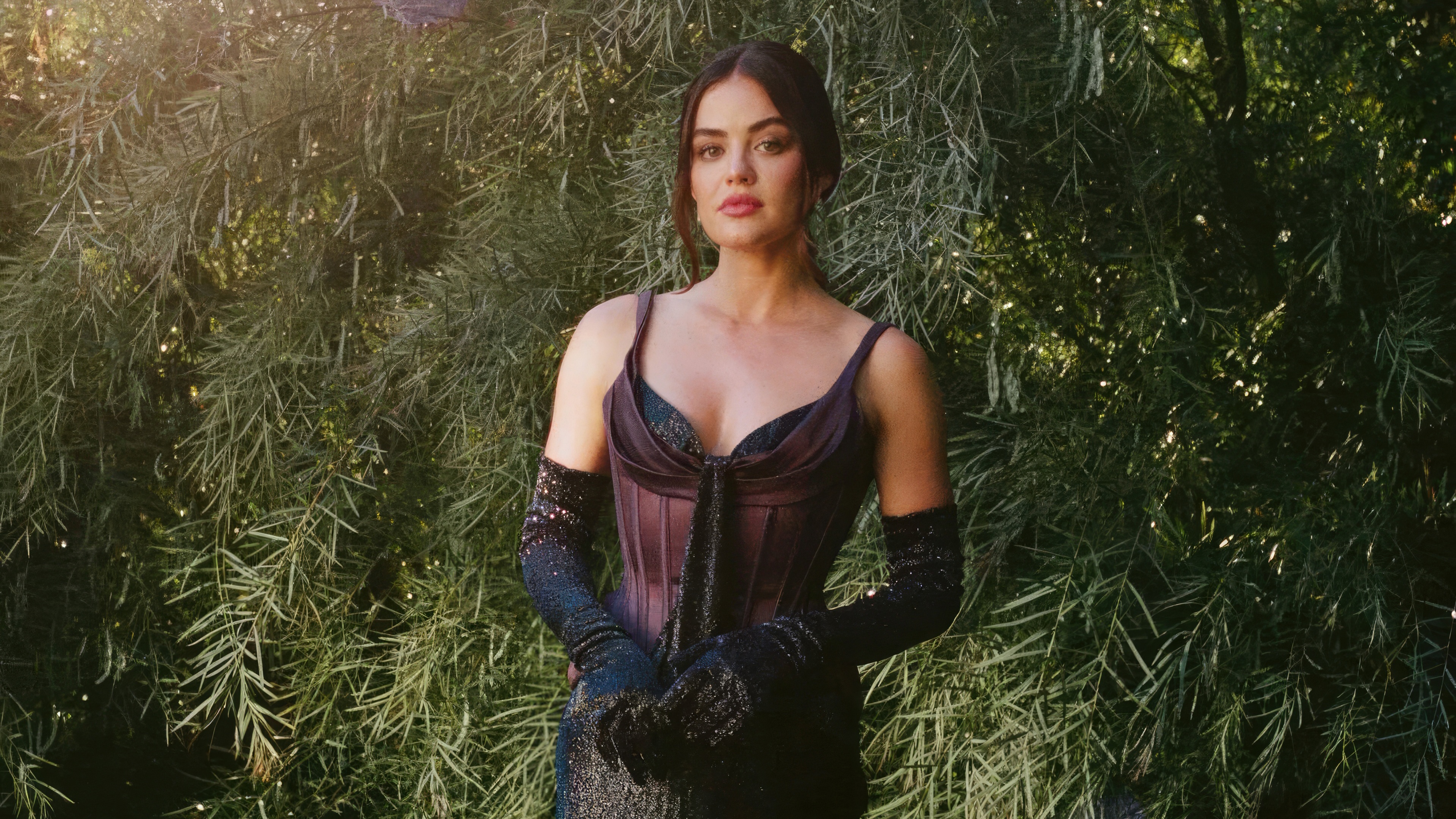 Lucy Hale in a Corset and Gloves Photoshoot HD Wallpaper