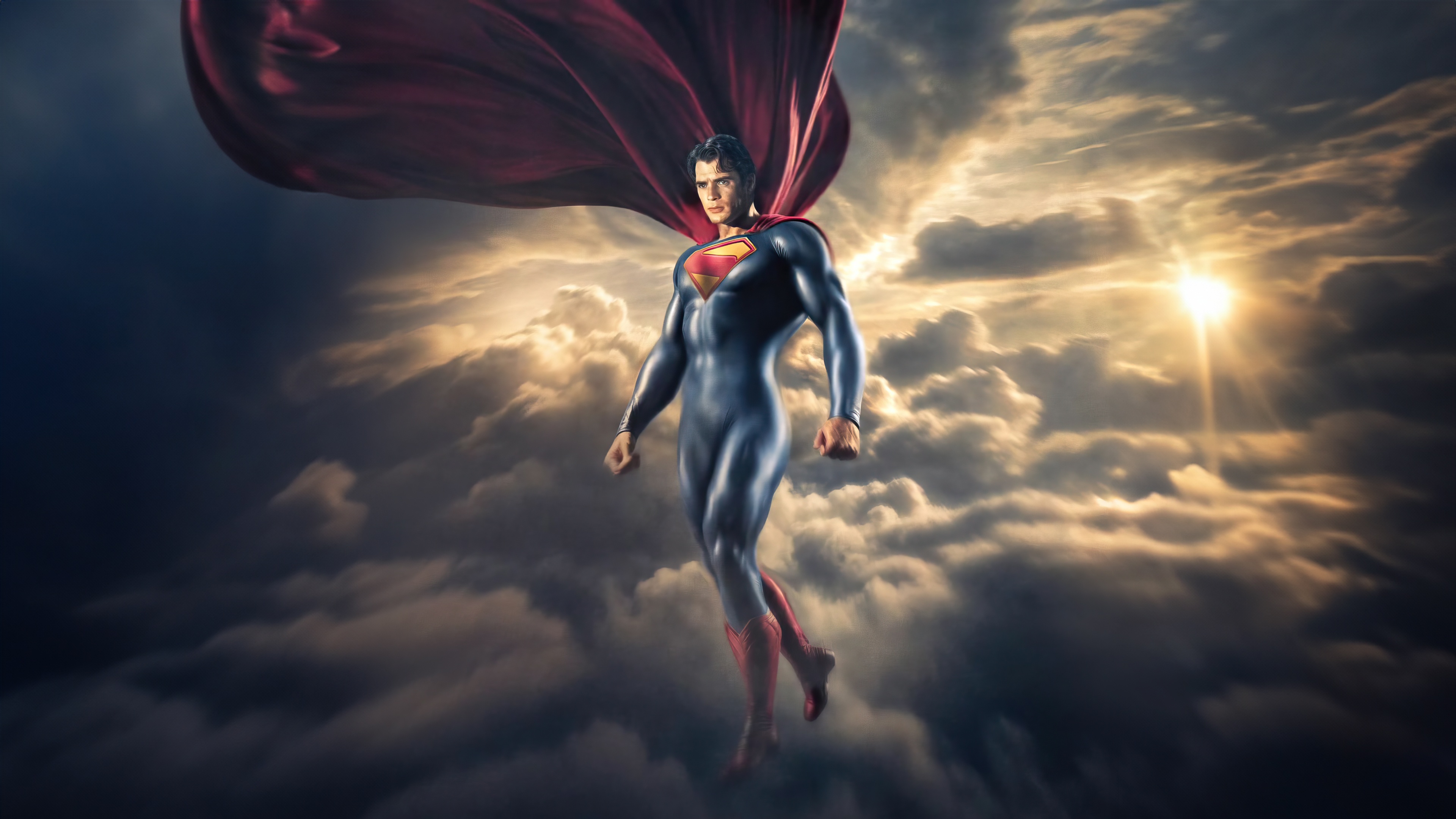 Superman flying through clouds with sun rays HD Wallpaper