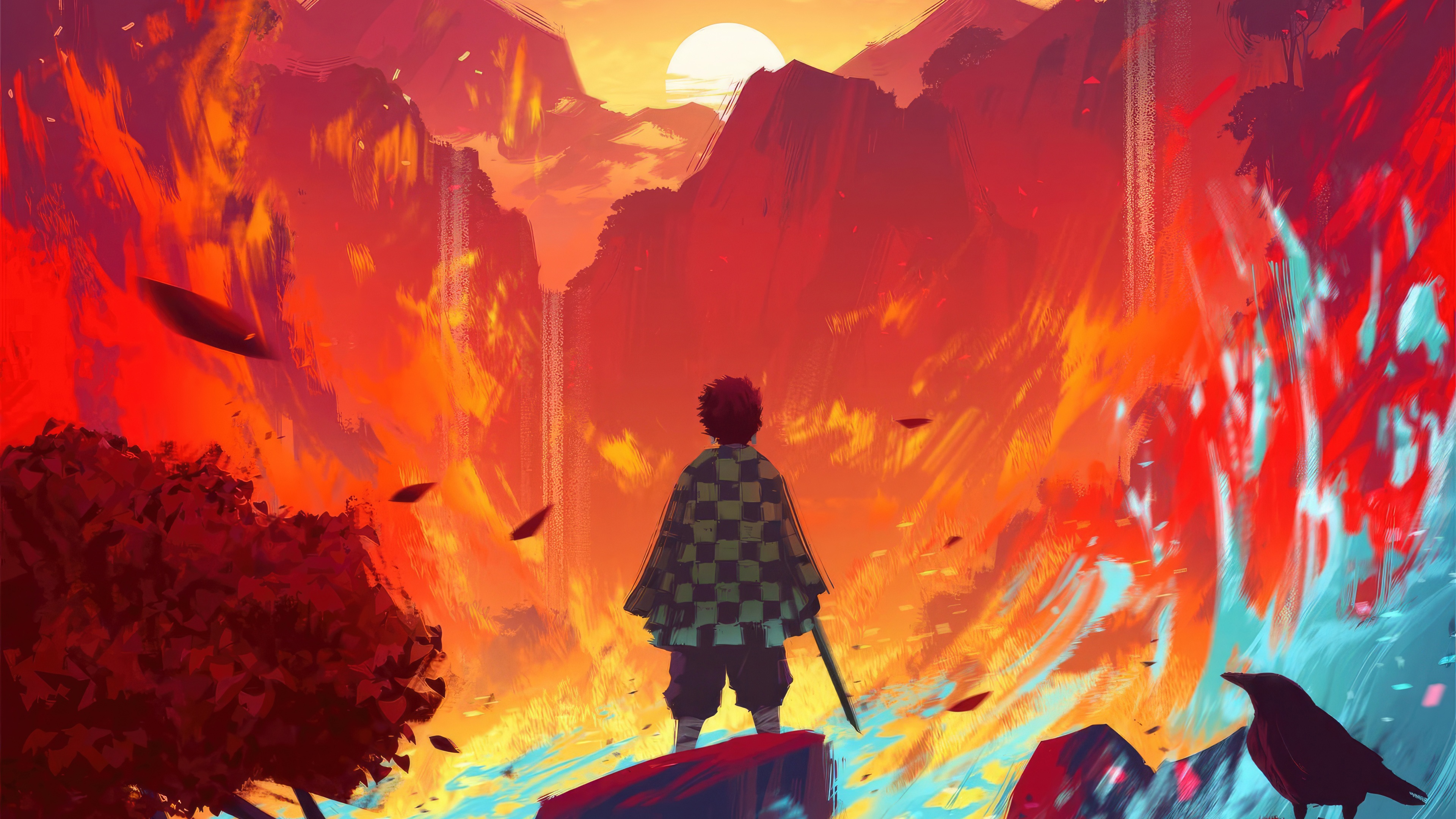 Tanjiro Kamado in a fiery landscape HD Wallpaper