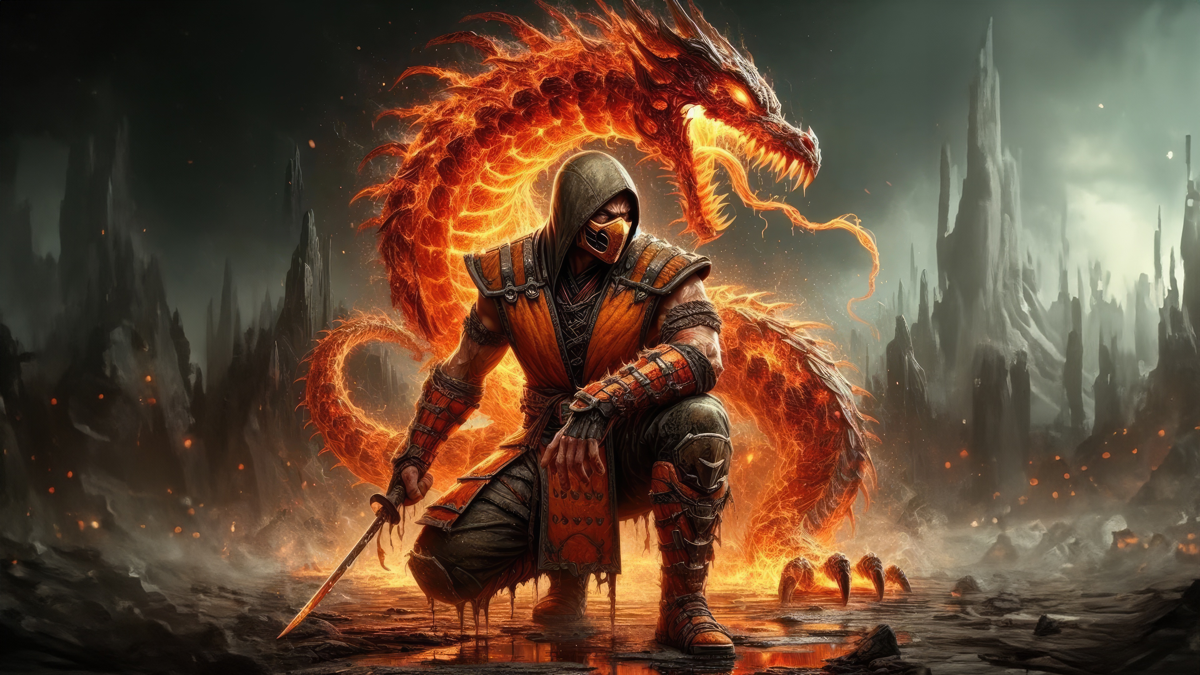 Scorpion and a fire dragon in a dark landscape HD Wallpaper