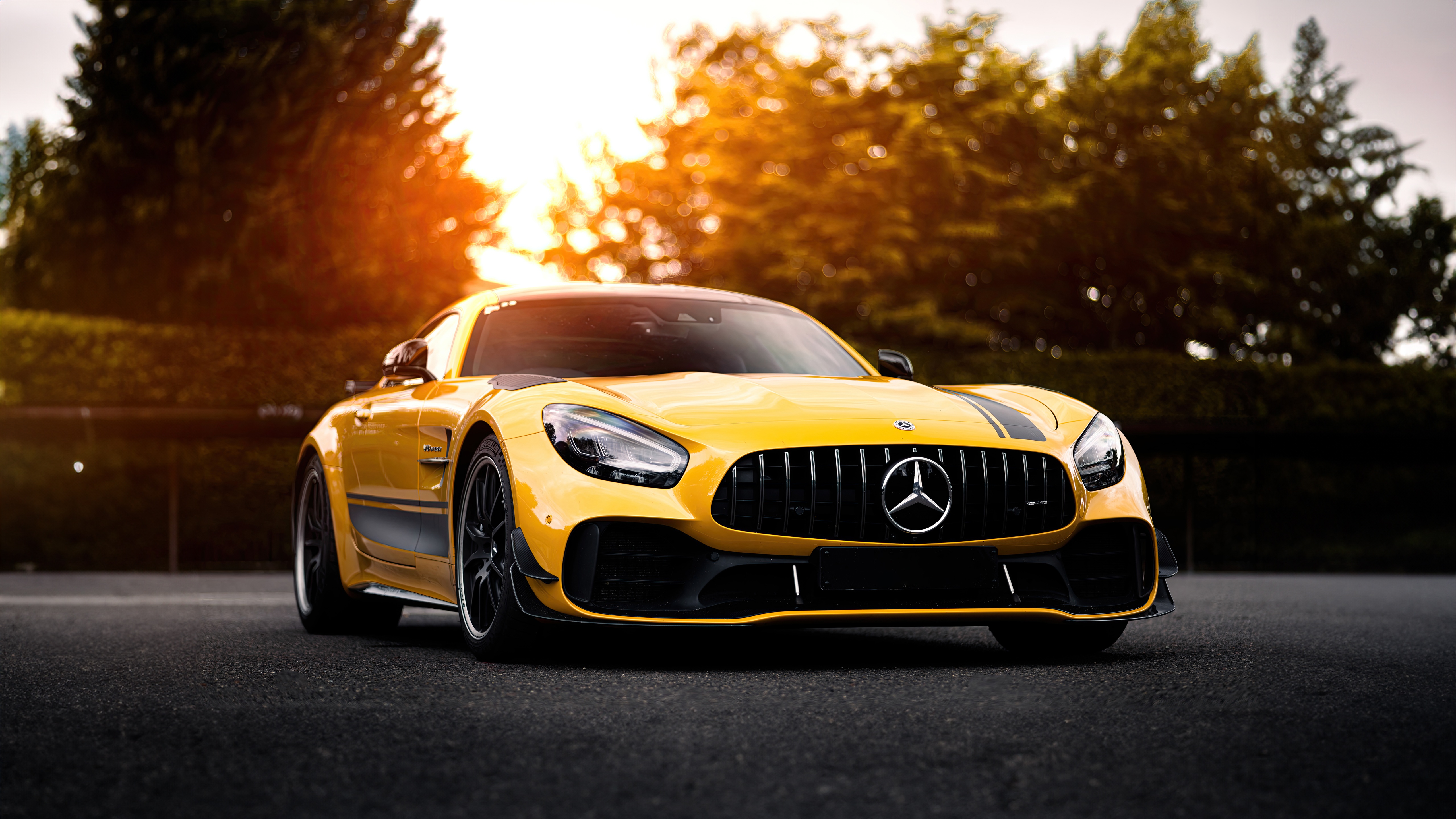 Yellow Mercedes-Benz AMG GT R on asphalt HD Wallpaper