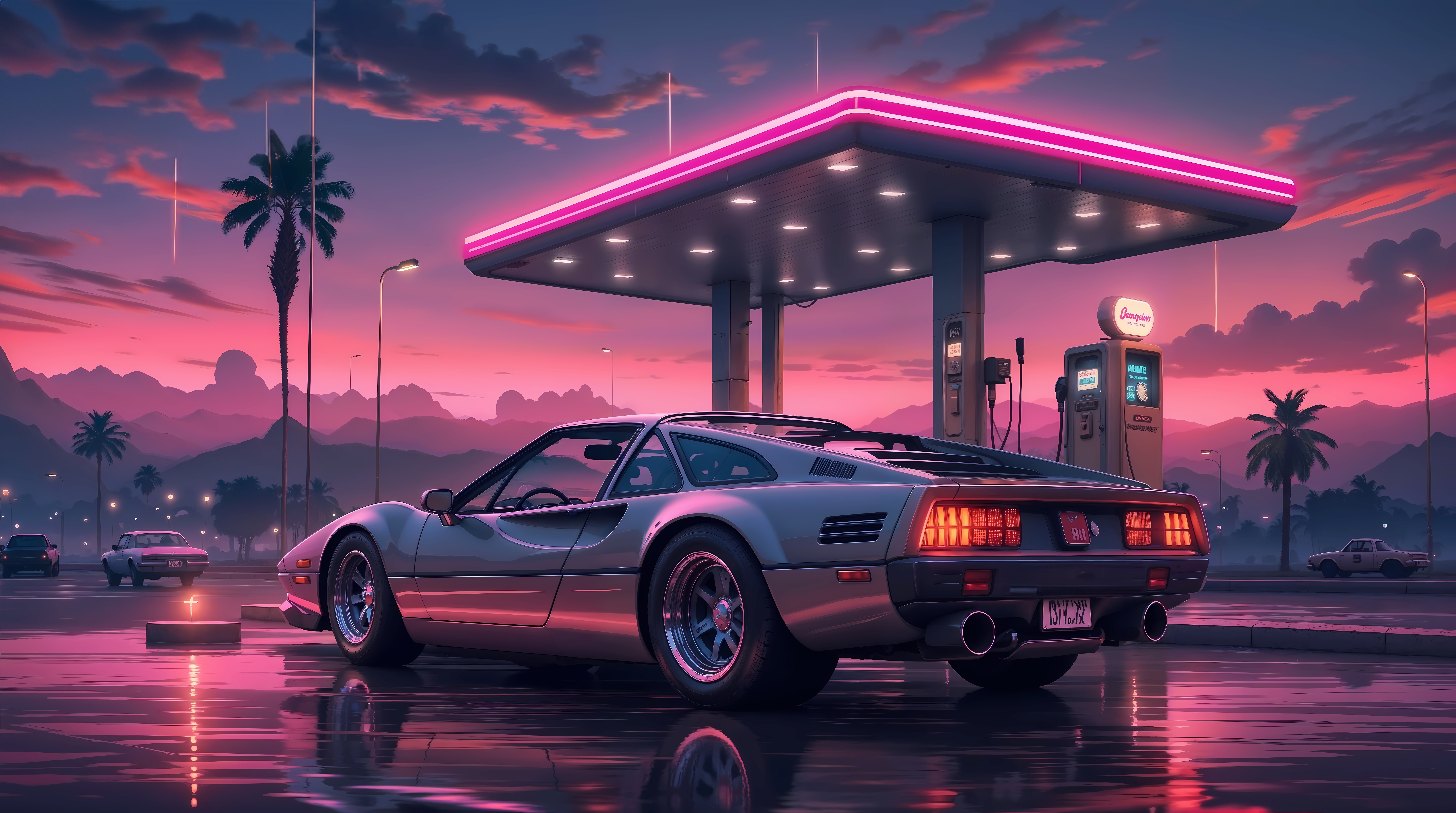 Retro Sports Car at a Neon Gas Station HD Wallpaper