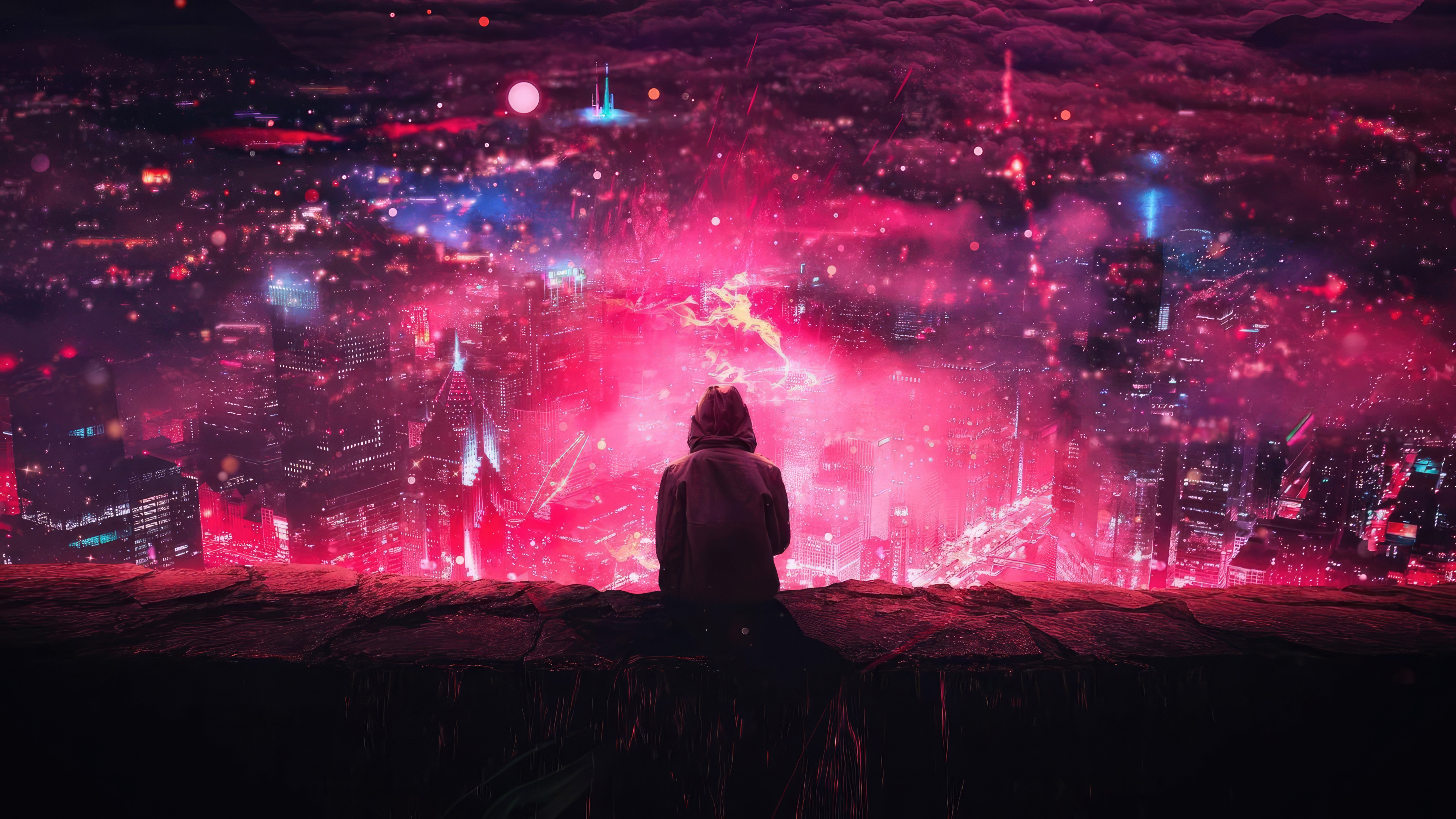 Person watching a vibrant, glowing city at night HD Wallpaper