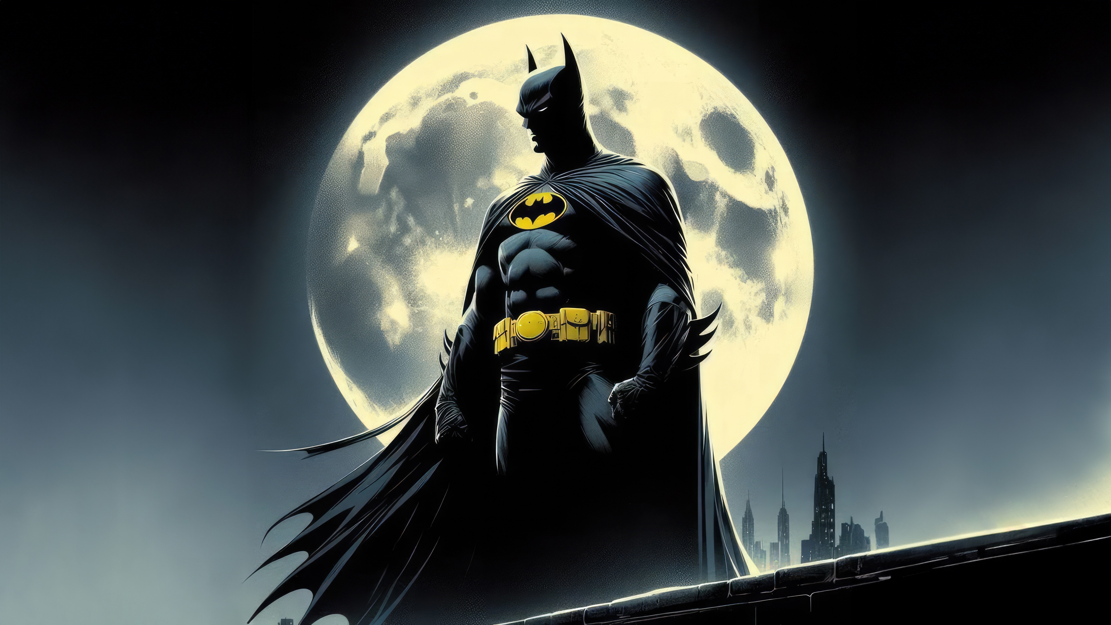 Batman stands before a large full moon HD Wallpaper