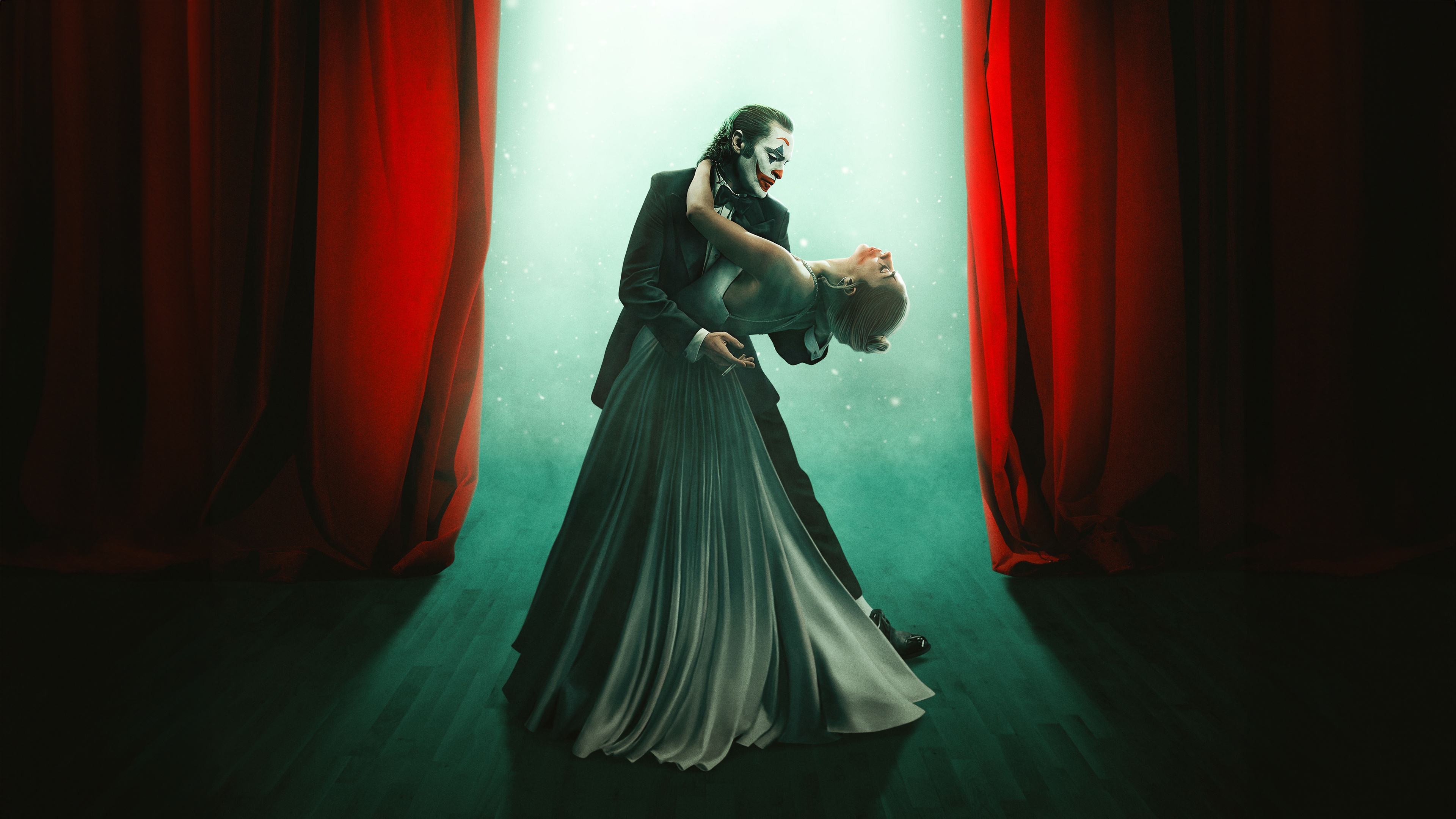 Joker and Harley Quinn dancing on stage HD Wallpaper