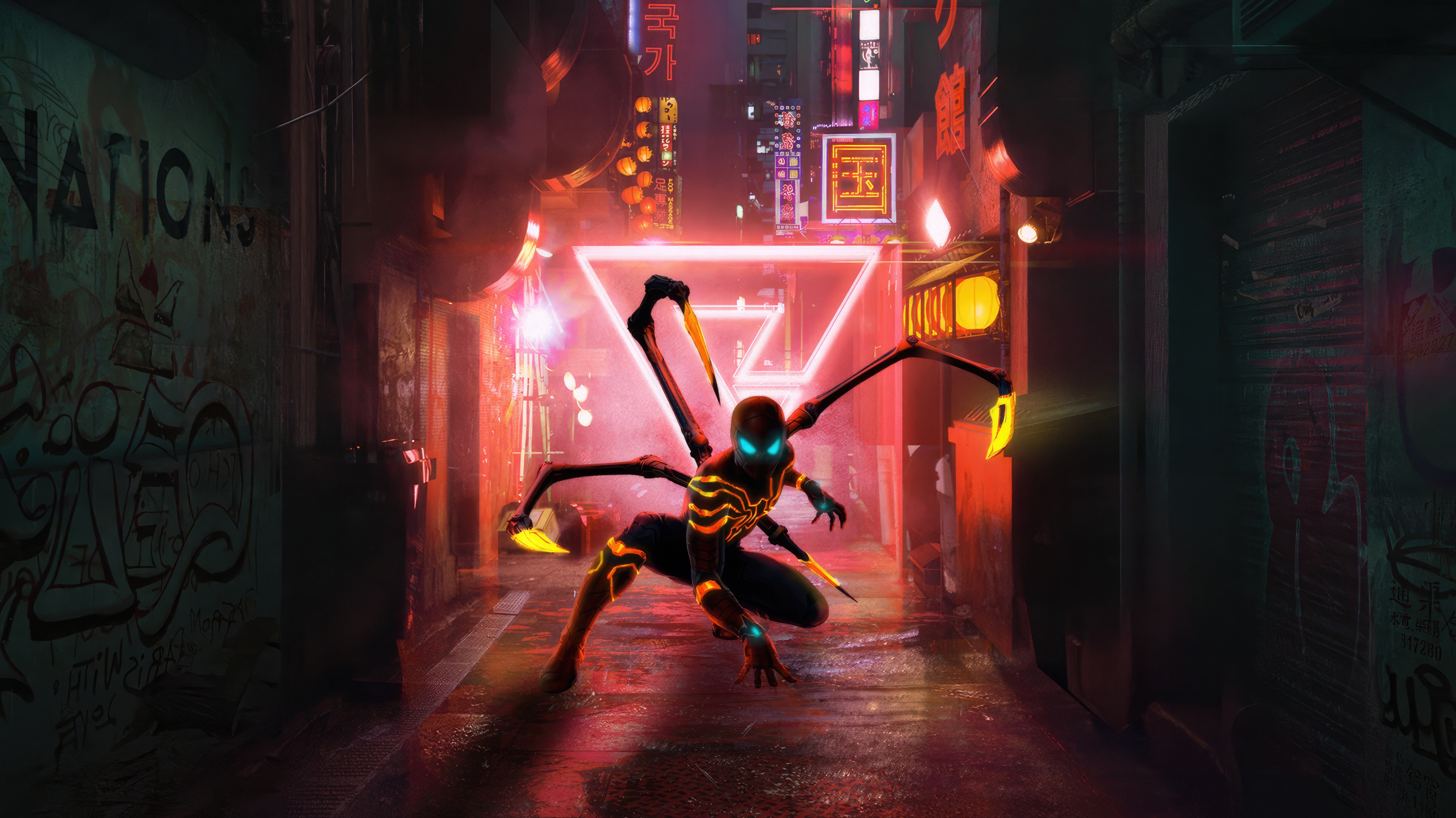 Spider-Man in a Neon Alleyway HD Wallpaper