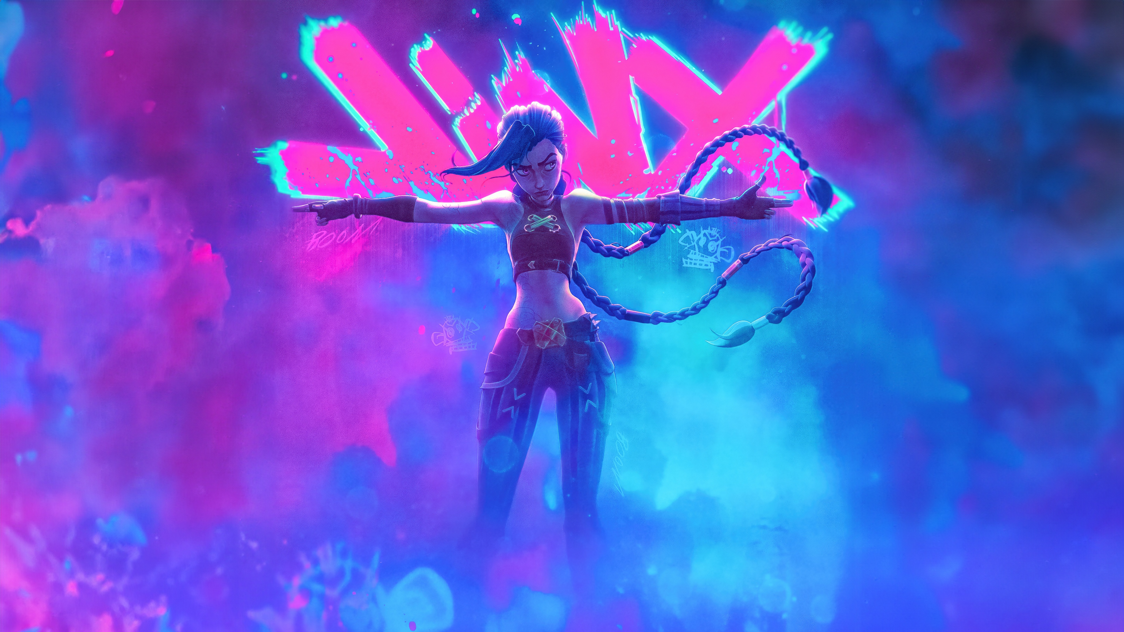 Jinx from Arcane with Pink and Blue Smoke HD Wallpaper