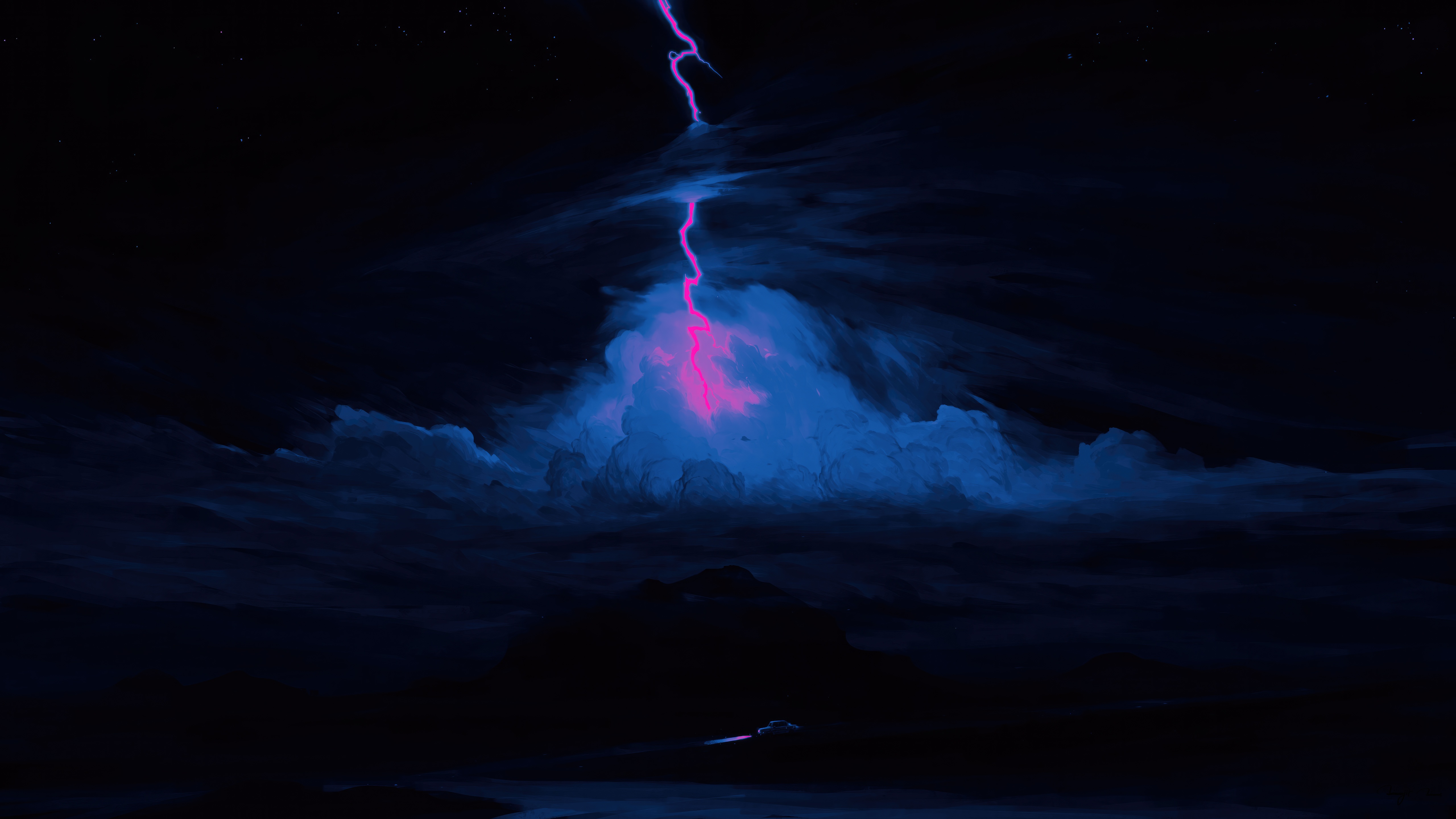 Lightning strike over a dark landscape with a vehicle HD Wallpaper
