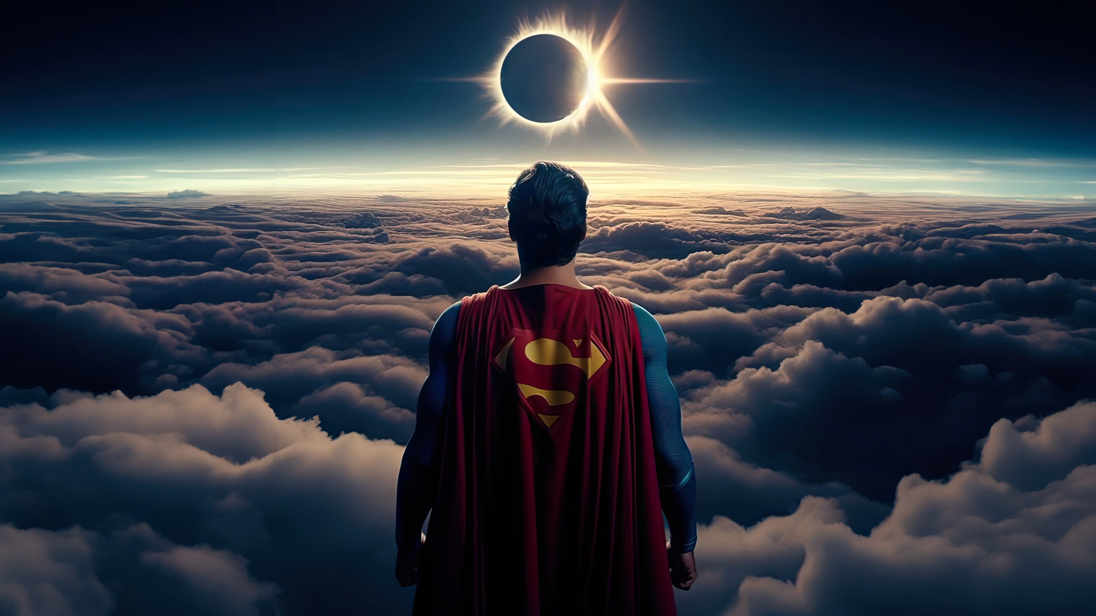 Superman stands above clouds during a solar eclipse HD Wallpaper