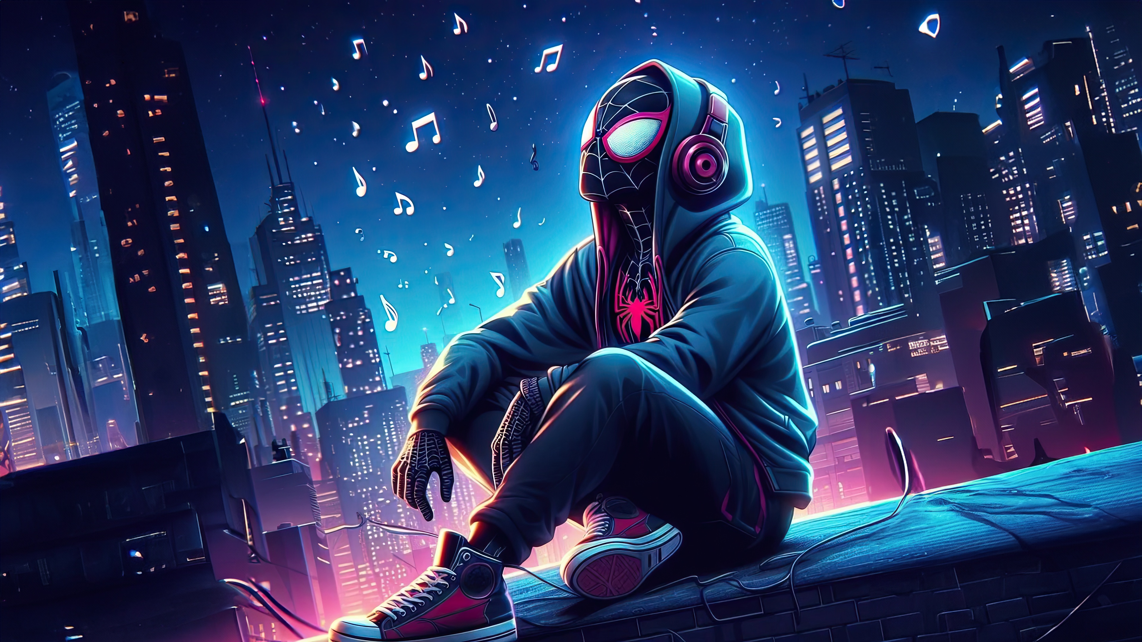 Miles Morales Listening to Music in a City HD Wallpaper