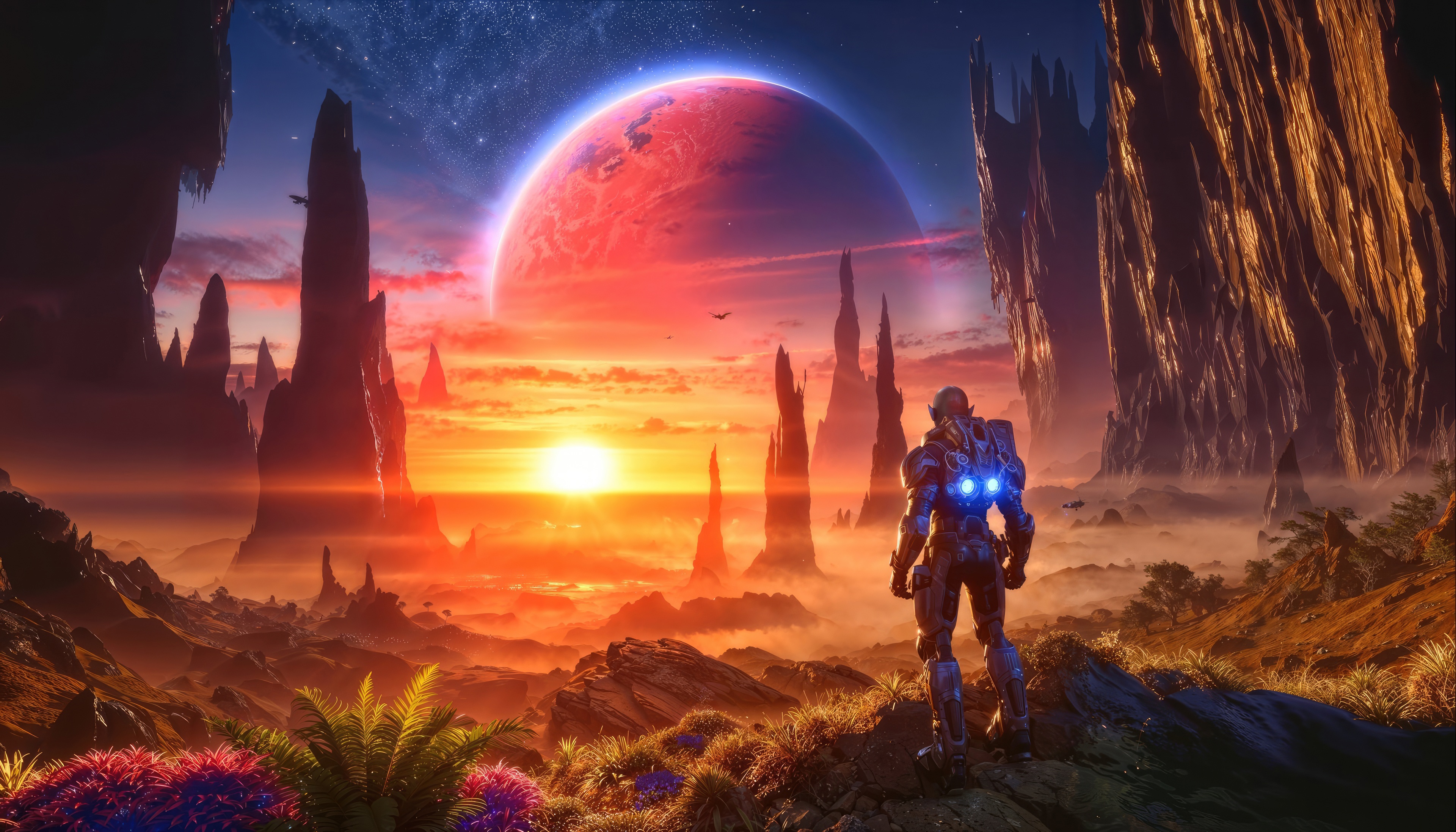 Kiraverse astronaut on alien planet with large red moon HD Wallpaper