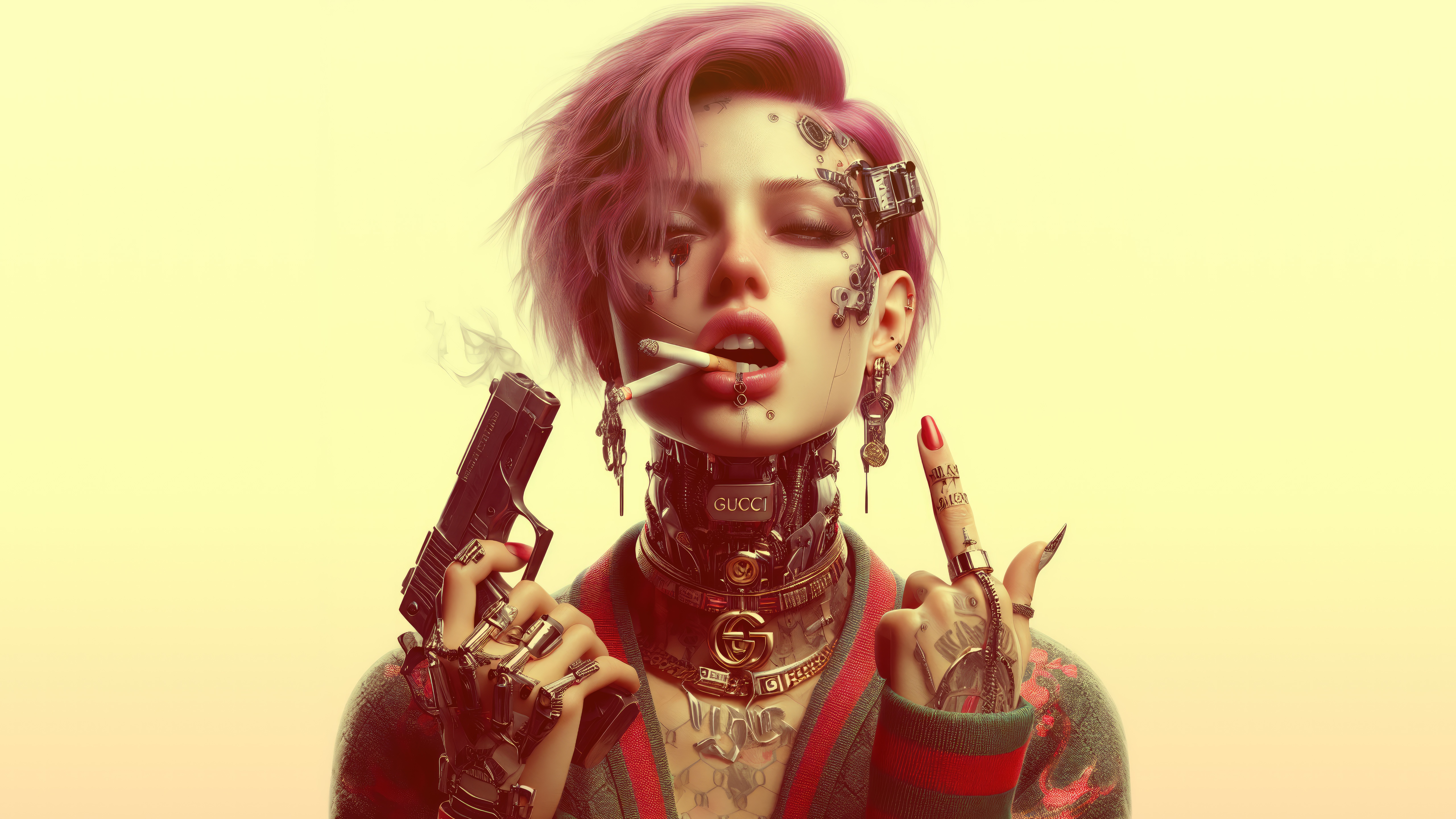 Cyberpunk woman with pink hair holding a gun and smoking HD Wallpaper