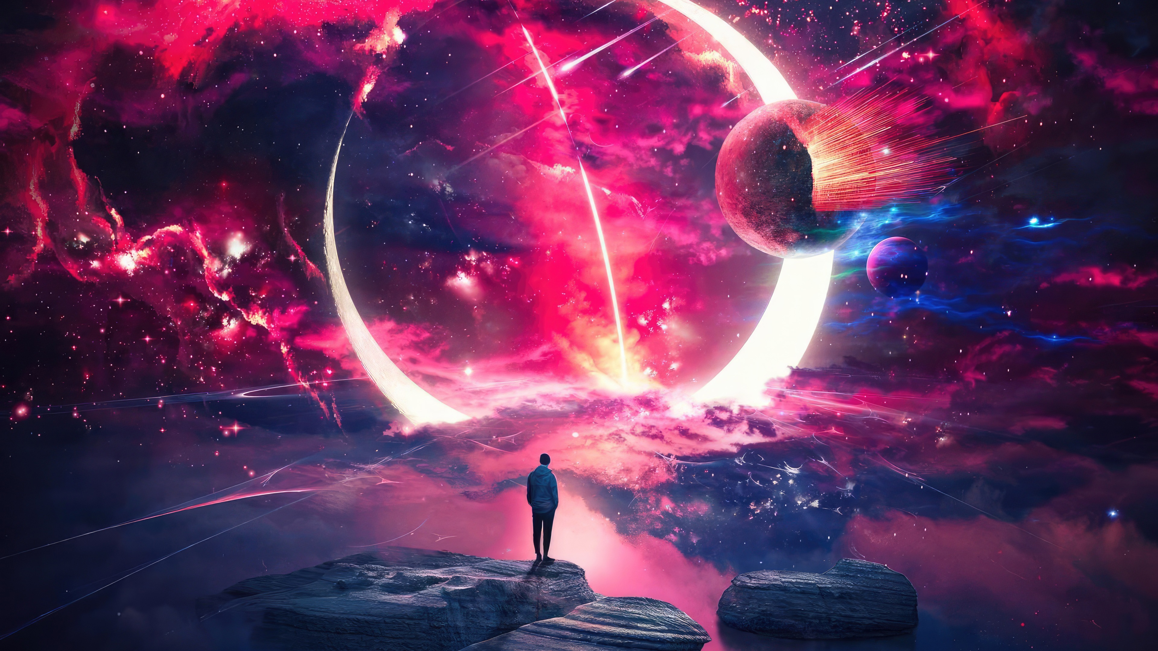 Man watches cosmic event with planets and nebulae HD Wallpaper