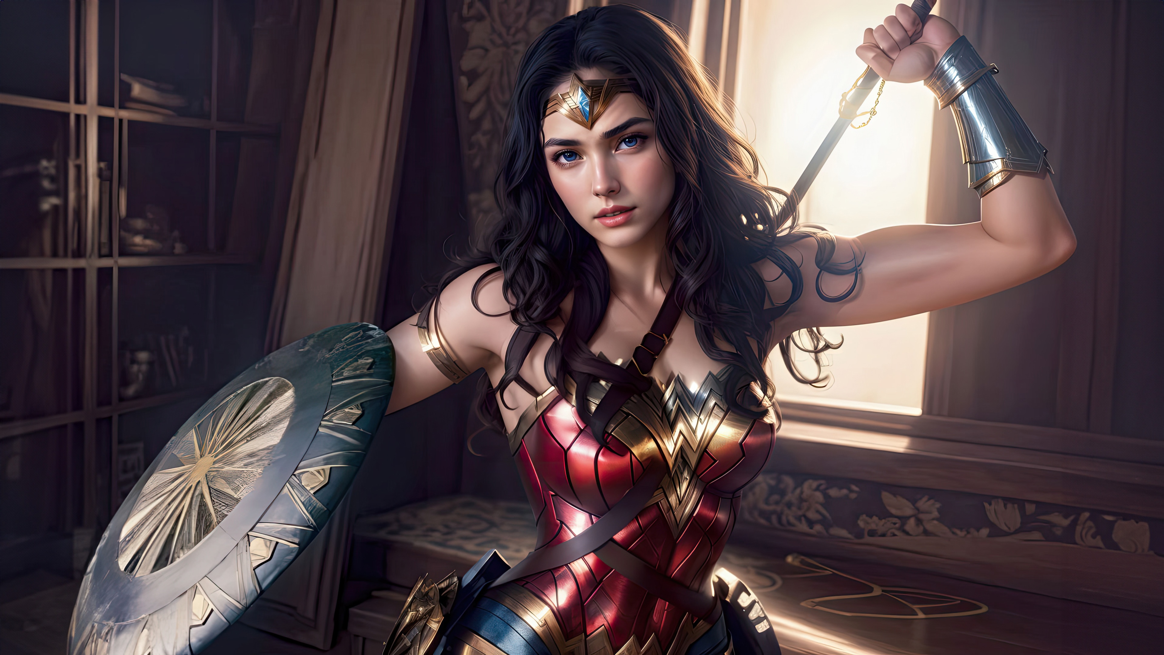 Wonder Woman holding a sword and shield HD Wallpaper