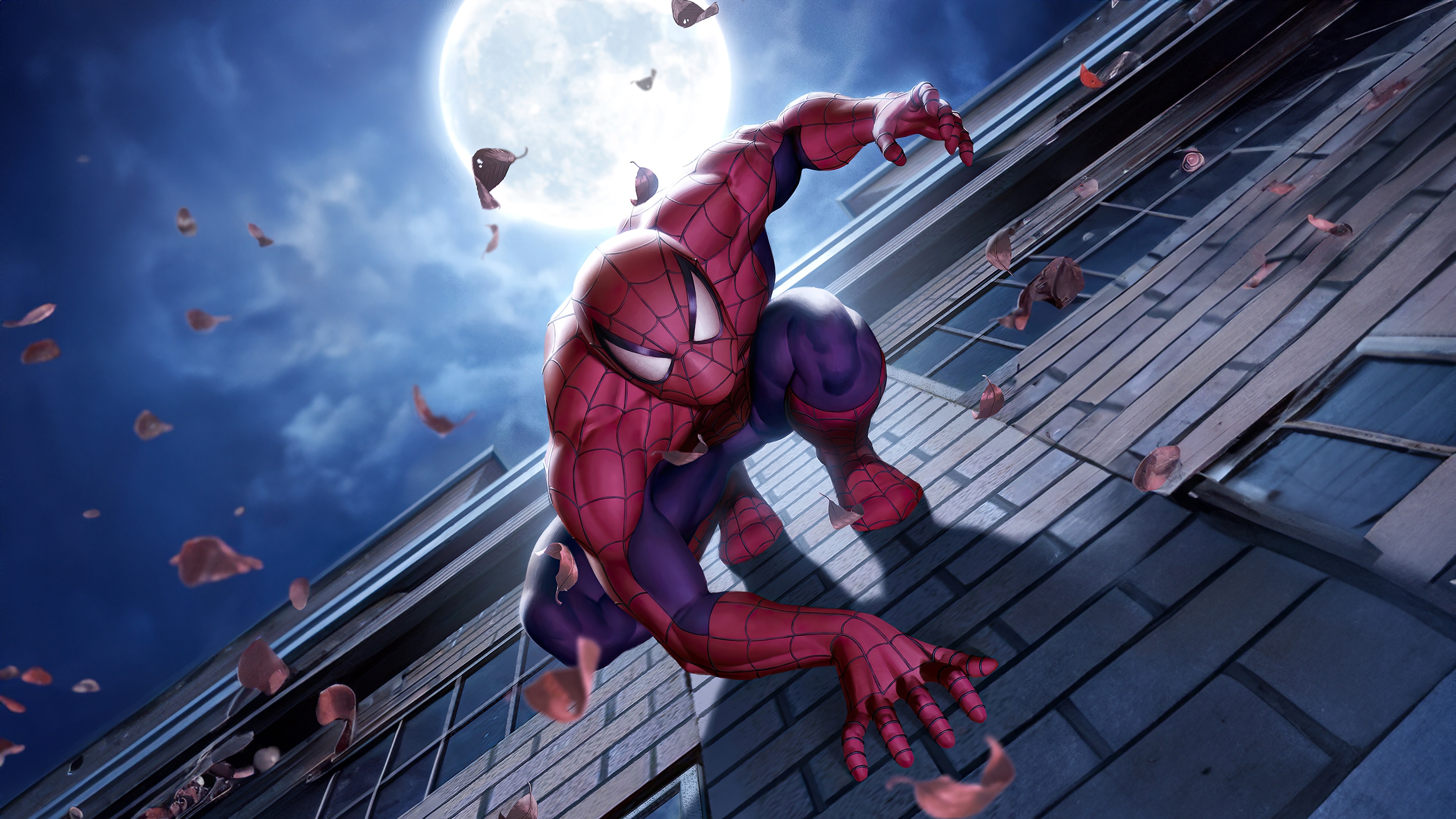 Spider-Man climbing a building at night HD Wallpaper