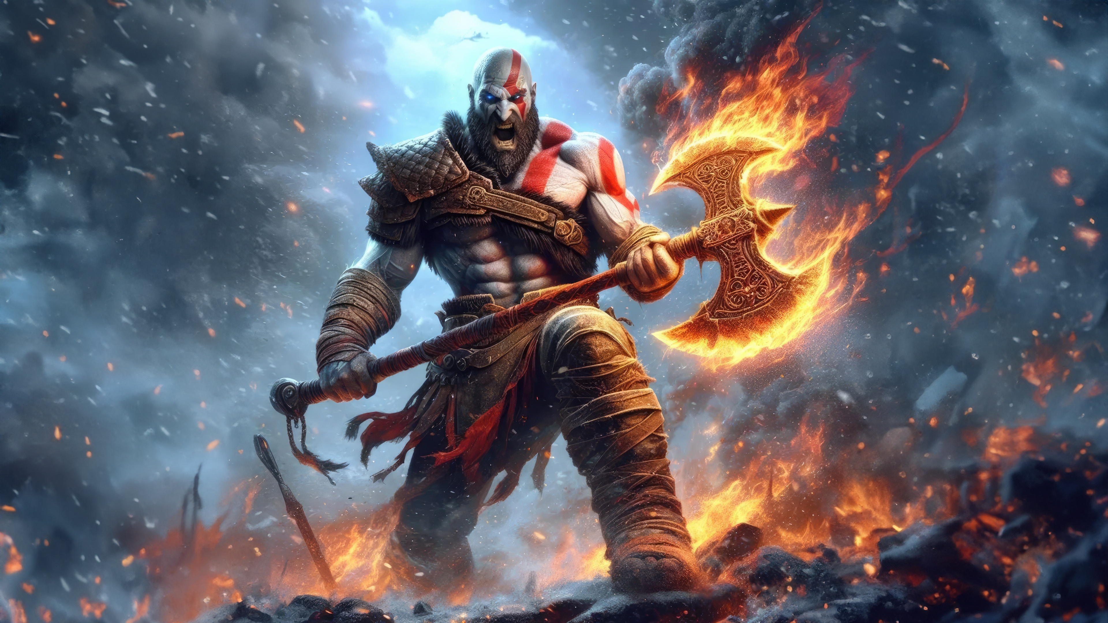 Kratos with a flaming axe HD Wallpaper