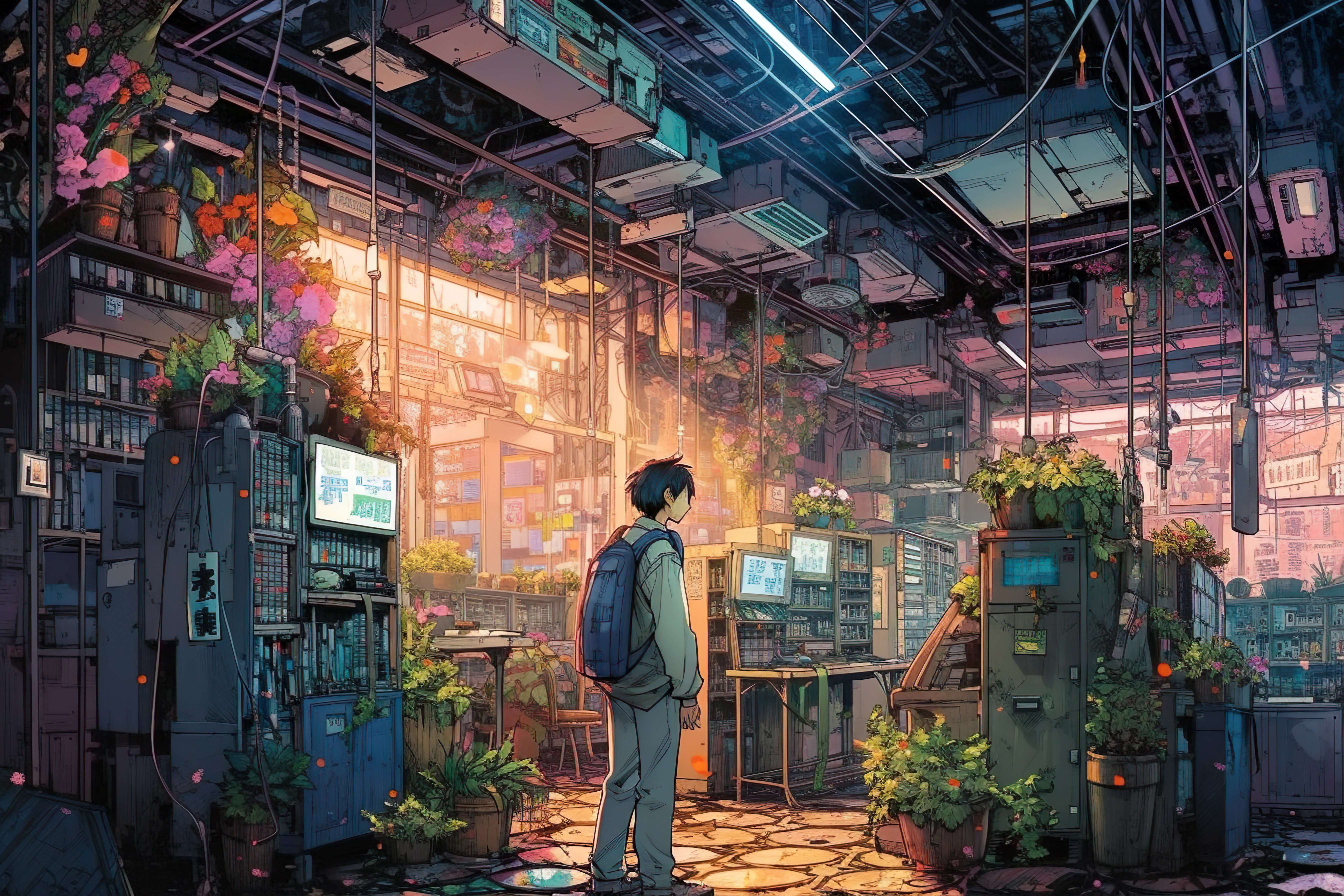 Boy in a Sci-Fi Realm with Plants HD Wallpaper