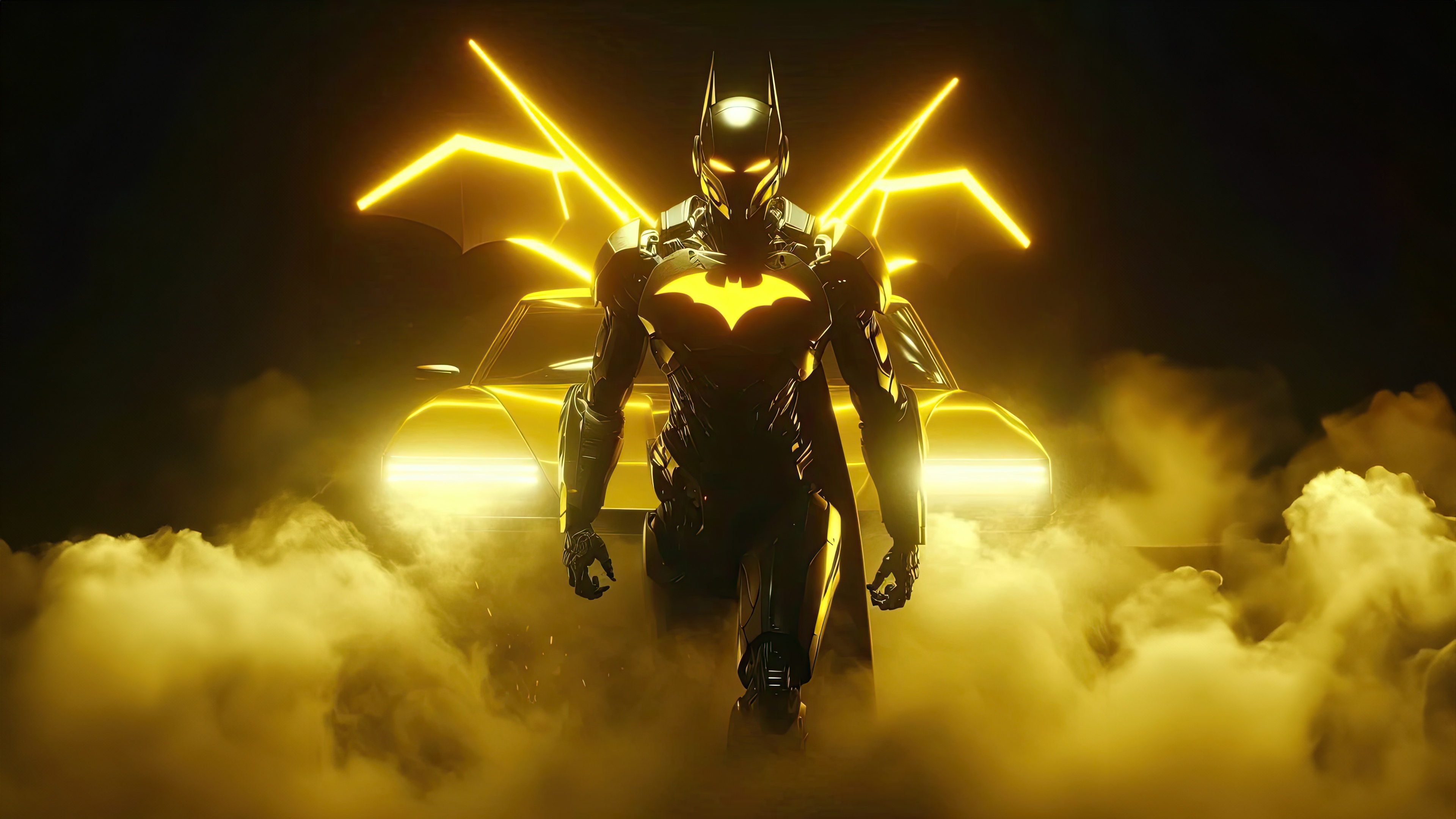 Batman Beyond in a futuristic yellow suit with a car HD Wallpaper