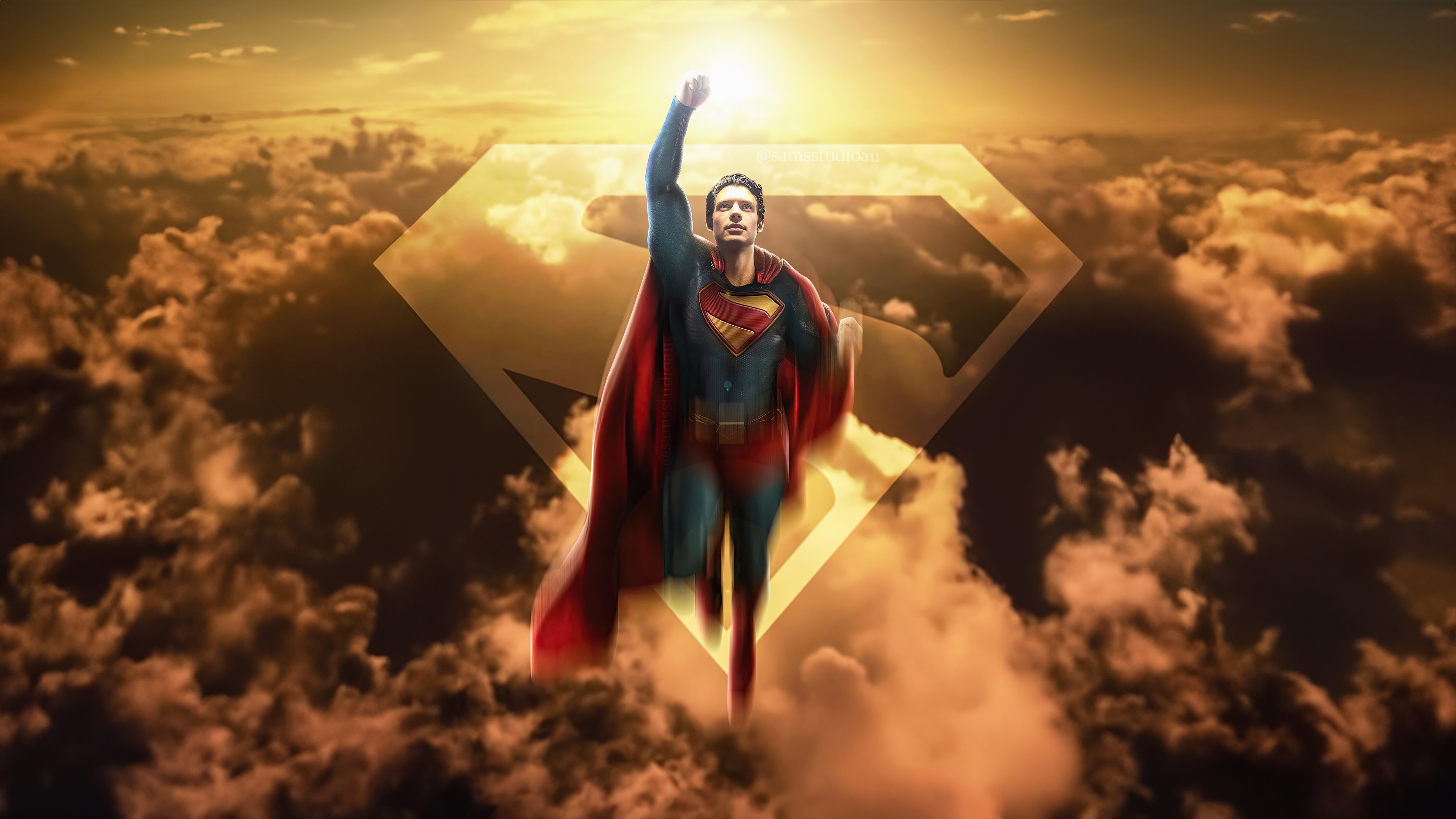Superman flying through clouds with S-shield HD Wallpaper